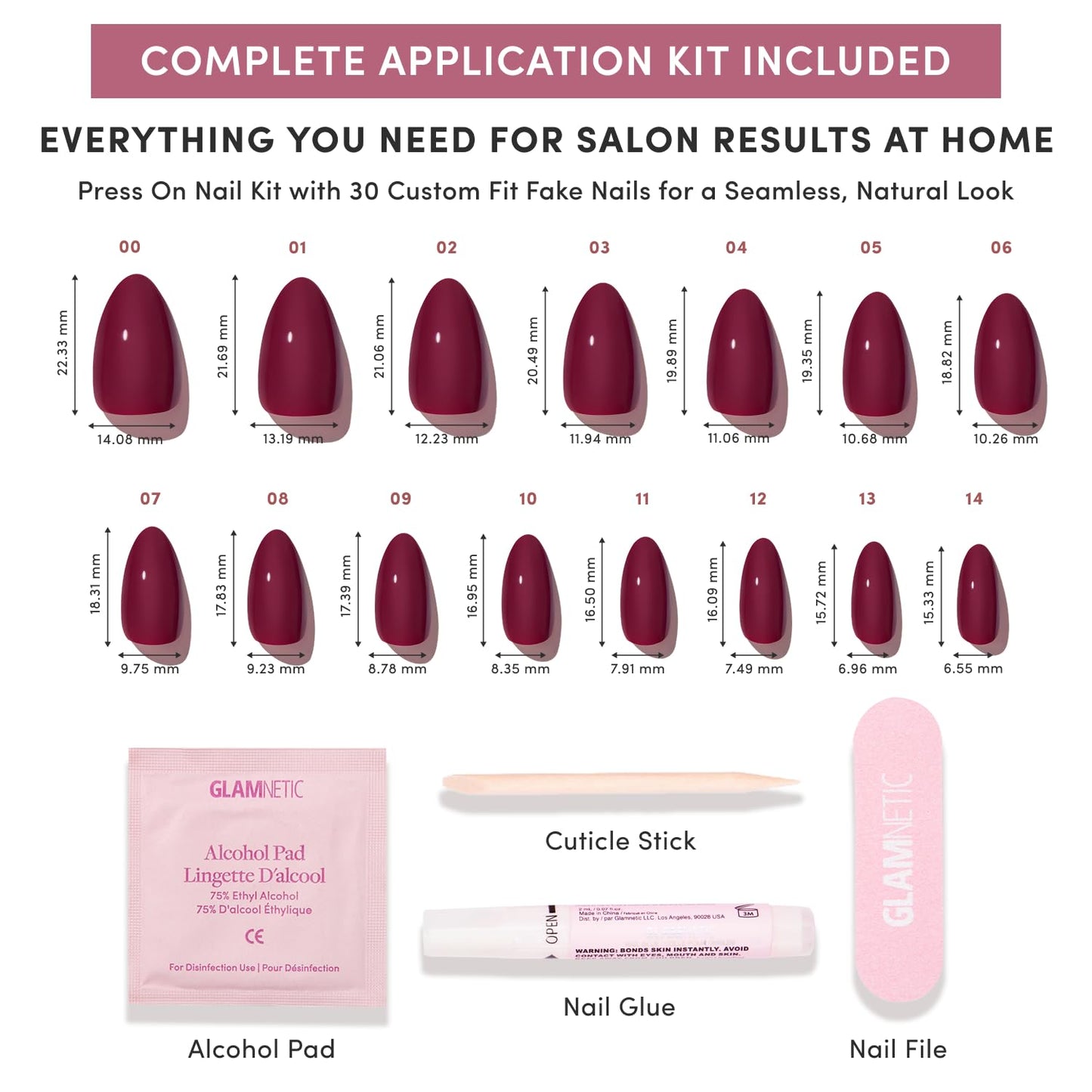Glamnetic Press On Nails - Short Almond Fake Nails | Glossy Dark Maroon Press On Nails, Salon Quality Kit with Glue | Berry Kiss - 30 Nail Set in 15 Sizes