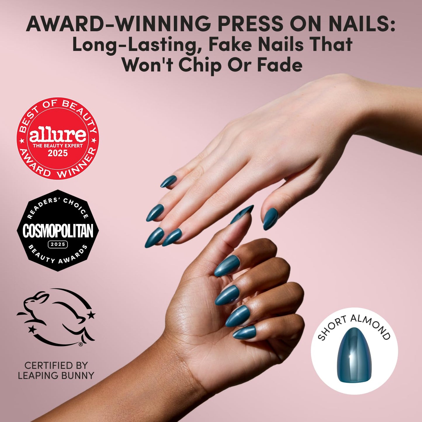 Glamnetic Press On Nails - Green Short Almond Fake Nails with Reflective Glaze | 30 Nail Kit in Midnight Teal, 15 Sizes Available