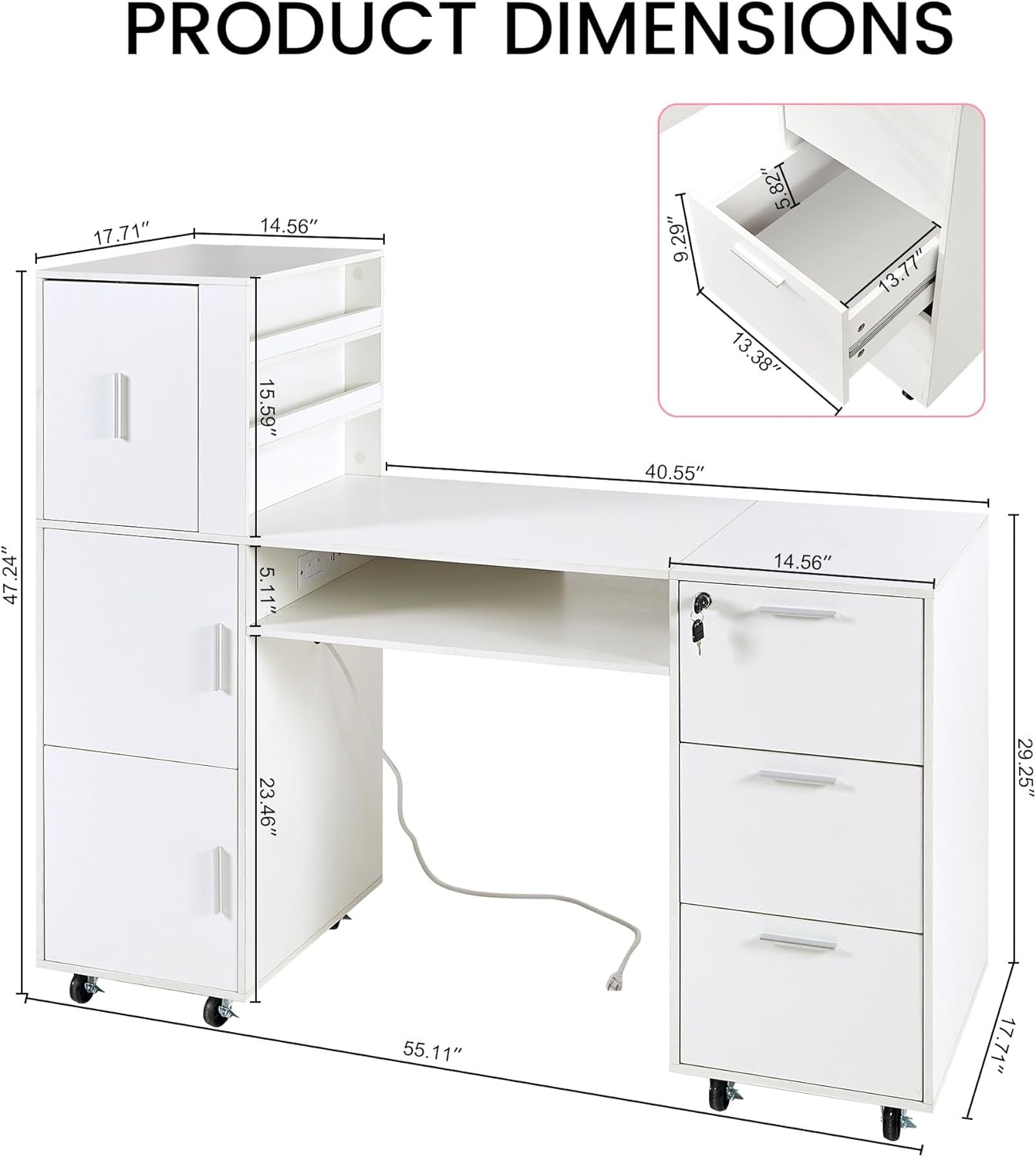 Manicure Table - 56 Inch Nail Desk with 3 Cabinets, 3 Drawers & Power Outlet | Professional Salon Workstation