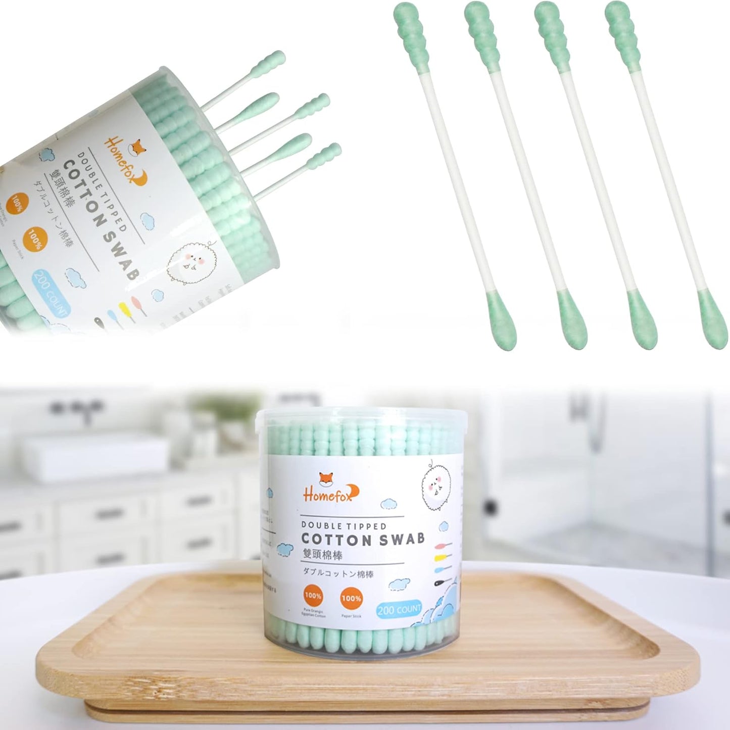 Blue Cotton Swabs - 200 Count Organic Spiral Cotton Buds | Lint-Free, Soft Tips, Double-Sided