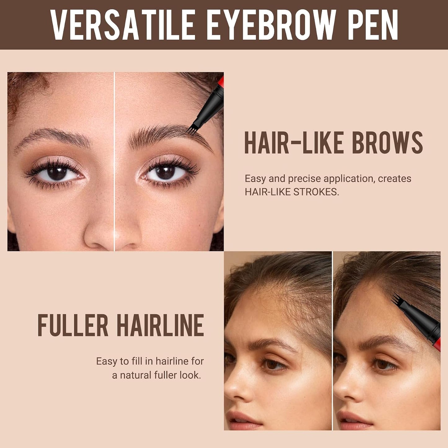 Eyebrow Pencils for Women - Precise 4-Tip Brow Pen 2 Pack | Natural-Looking Fuller Brows, Dark Brown