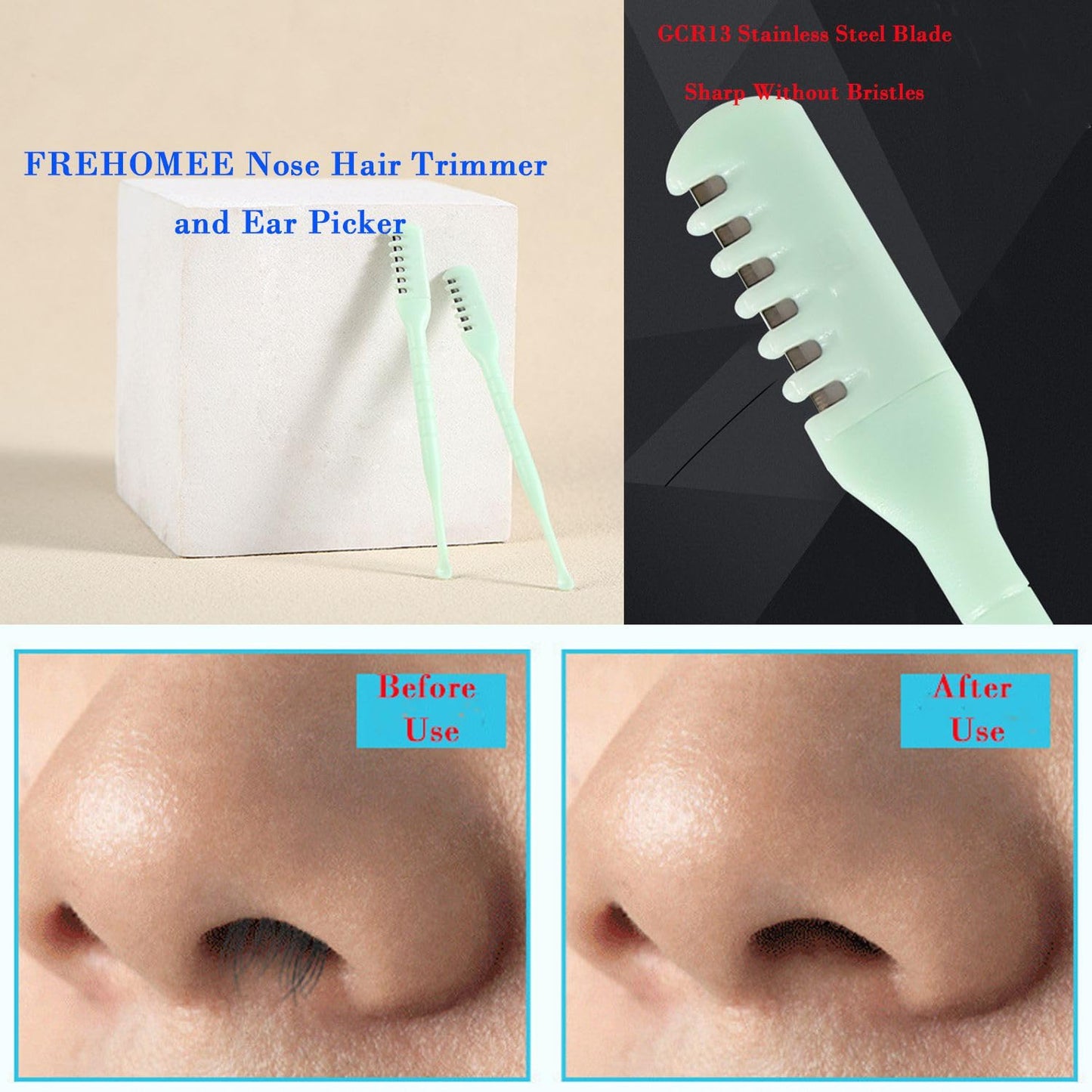 FREHOMEE Manual Nose Hair Trimmer for Man & Woman,Trimmer for Nose,Ear,Moustache Hair,Waterproof,Stainless Steel with Brush,Nasal Clippers (Green, 3 Pcs)