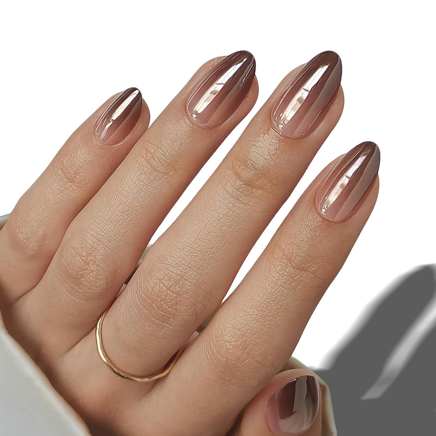 Chrome Press On Nails - Oval Soft Gel Nude Short for Women | 32 Reusable Glossy Glue-On Nails in 16 Sizes
