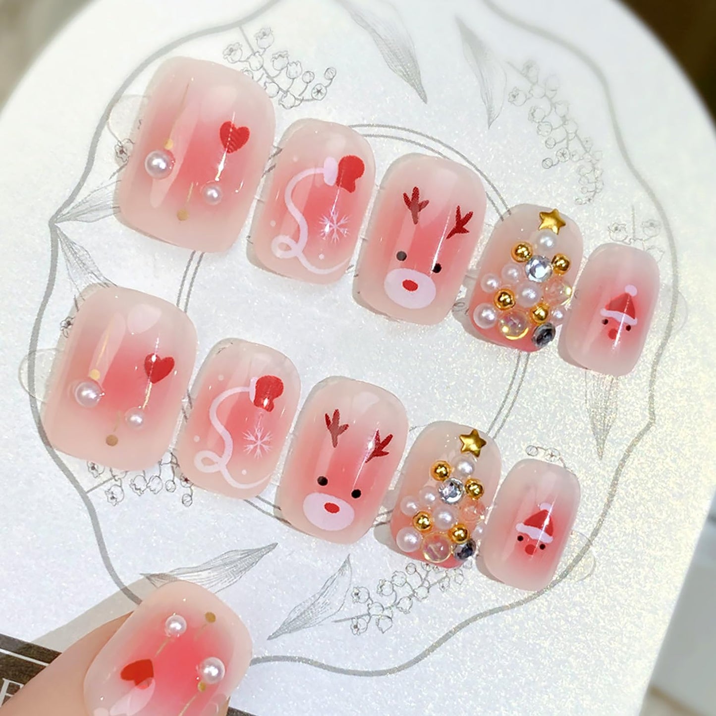 French Tip Press-On Nails - 24 Pcs Medium Almond with 3D Flower & Gold Rhinestones | Full Cover Nude Artificial Nails