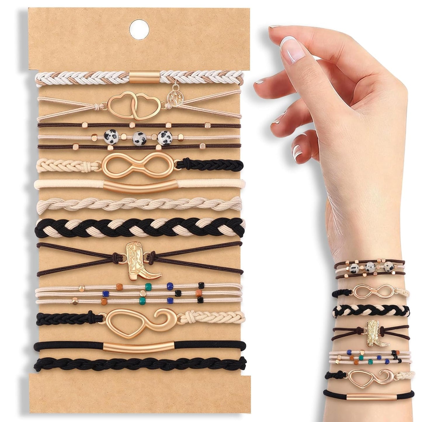 10PCS Hair Ties Bracelet Set - Soft Braided Boho Elastic Hair Bands for Women | Beige & Light Coffee