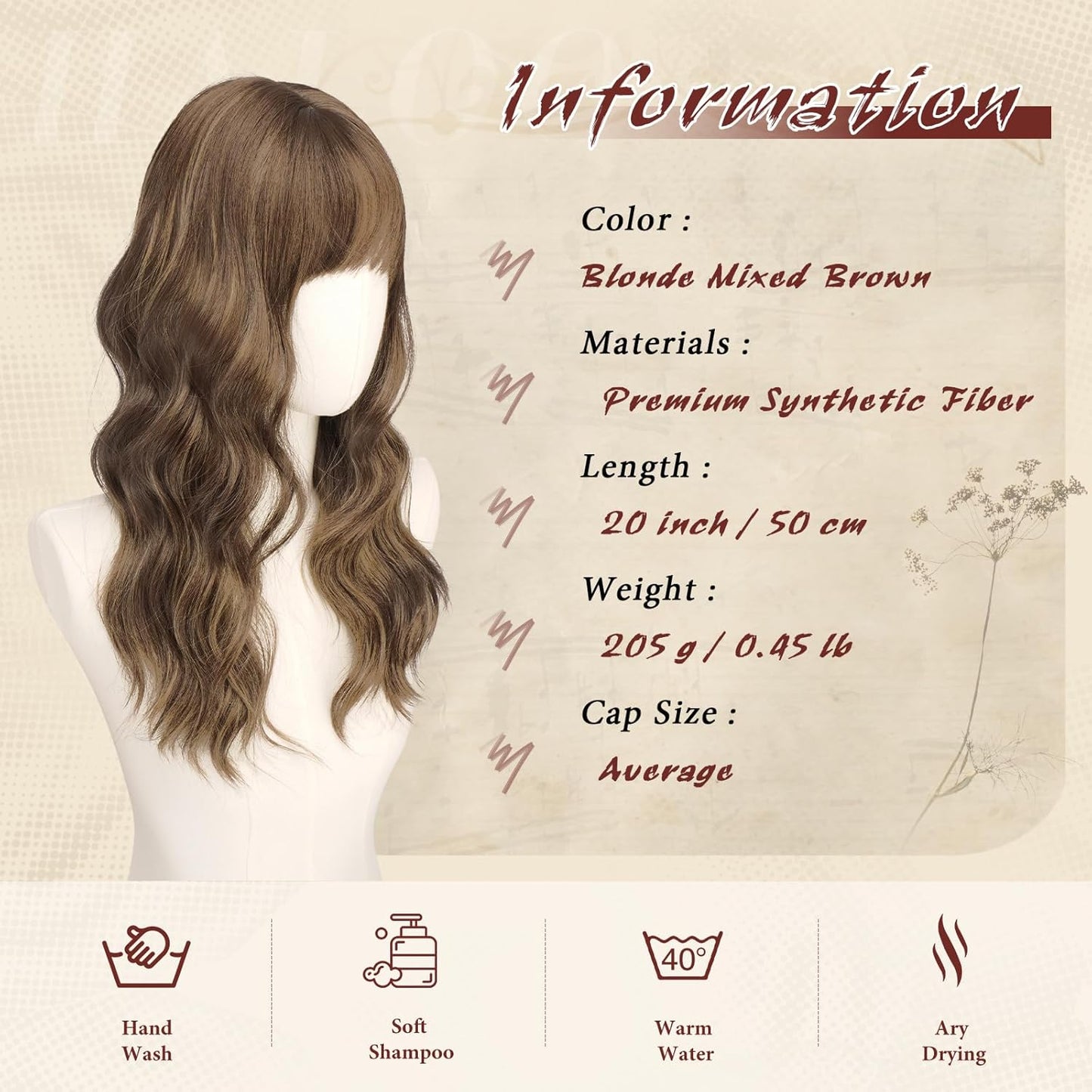Brown Wigs with Bangs - 20 Inch Soft Wavy Synthetic Heat Resistant Hair Wig for Women | Blonde Mixed Brown
