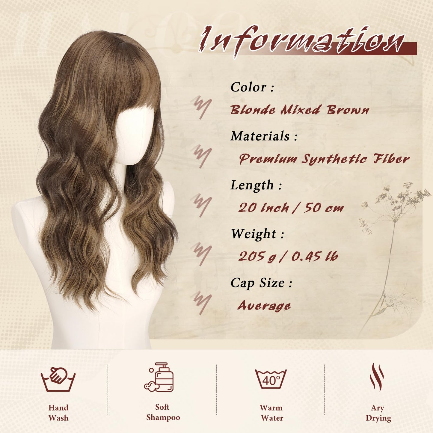 Haloo Brown Wigs with Bangs - 20 Inch Long Soft Wavy Natural Looking Synthetic Heat Resistant Hair Wig for Women Daily Party, Blonde Mixed Brown