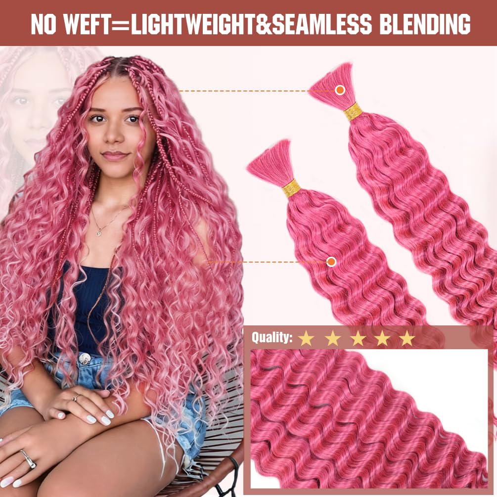 Deep Wave Human Braiding Hair for Boho Braids - 20 Inch 100G 2 Bundle/Pack Pink, 100% Unprocessed 12A Brazilian Virgin Human Hair Bulk, No Weft, Wet and Wavy Human Braiding Hair for Knotless Braids