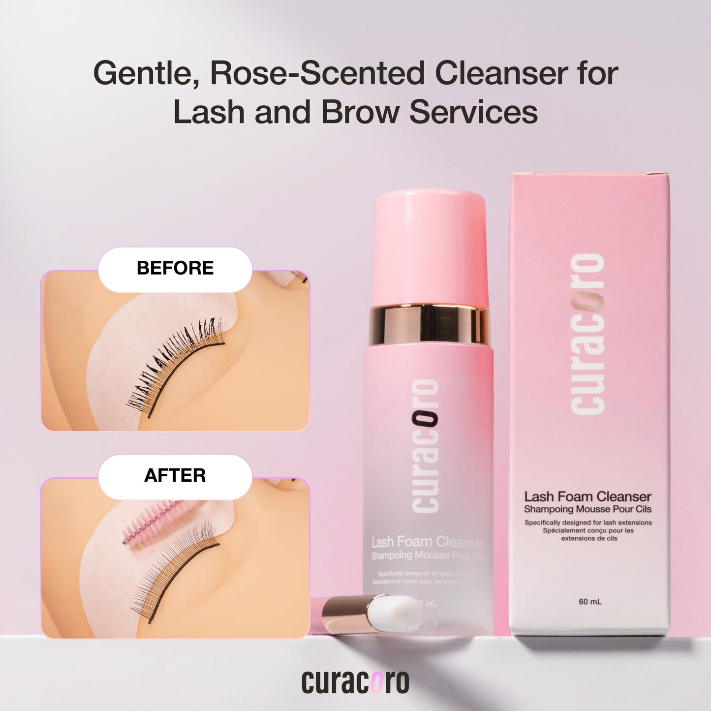 CURACORO 60ML Eyelash Extension Cleanser (Rose Scented) - Lash Shampoo for Lash Extensions, Eyelash Extension Foam Cleanser for Sensitive Skin, Removes Waterproof Makeup for Professional & Home Use