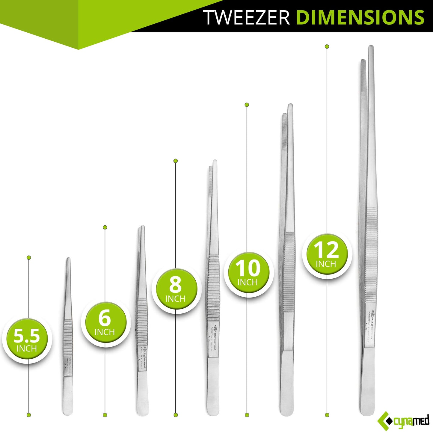 Cynamed Set of 5 Thumb Tweezer Multipurpose Forceps 5-12in. Blunt Serrated Tips Stainless Steel