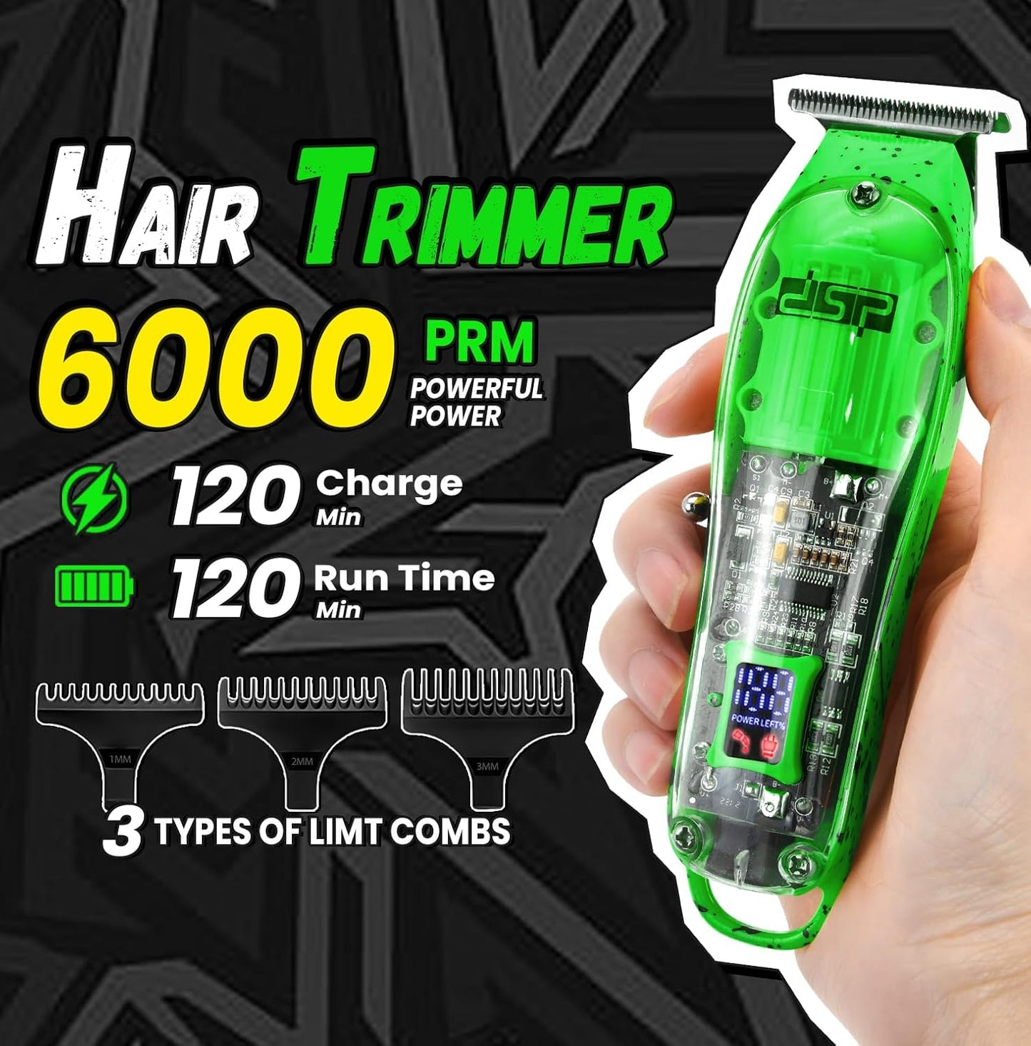 DSP Hair Clipper Set - Professional Rechargeable Trimmer & Shaver Kit for Men | Travel Case, LED Display, Green