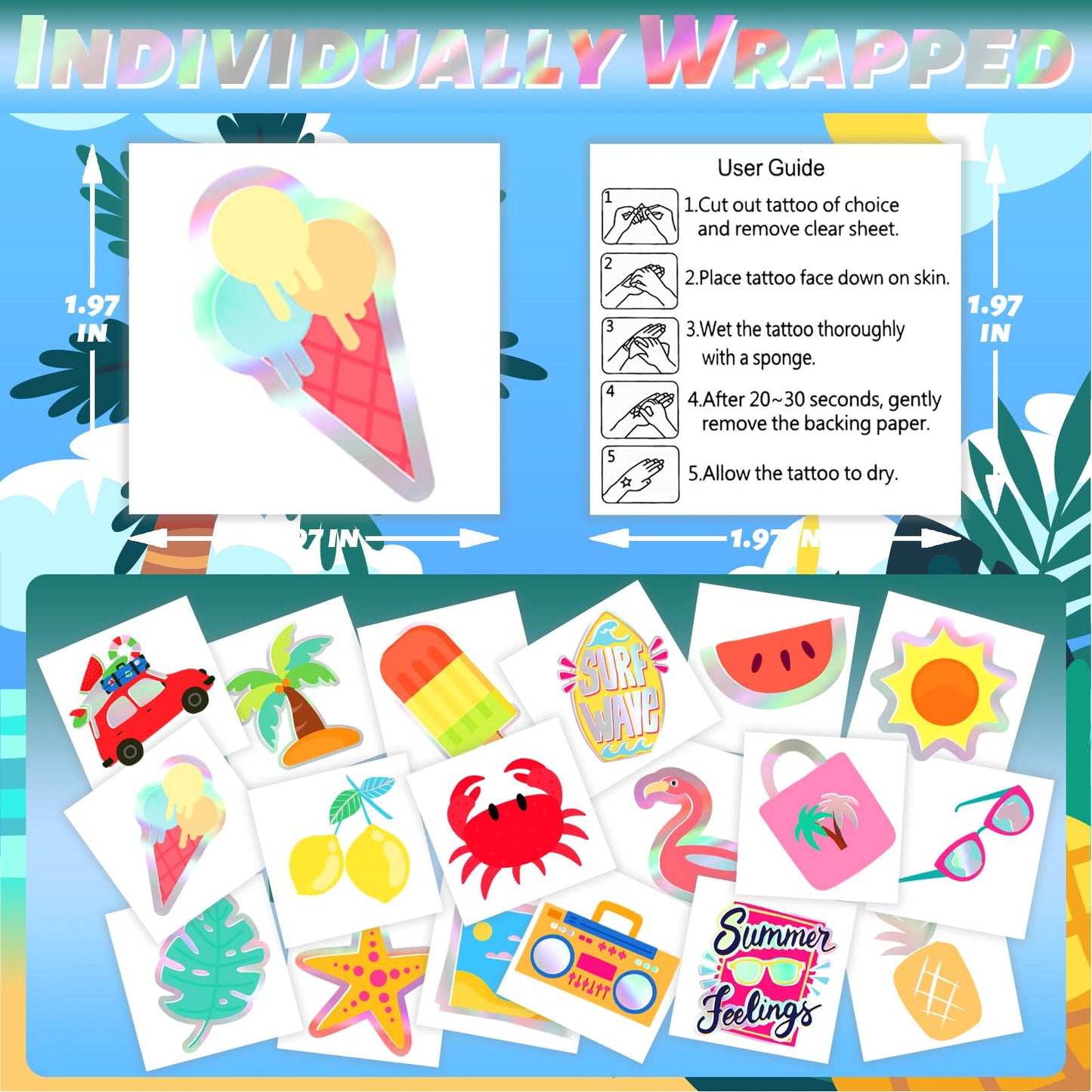 winthrop 120 Pcs Summer Temporary Tattoos for Kids, Metallic Foil Bronzing Style, Individually Wrapped Safety Waterproof Tattoos, Best Choice for Hawaiian Pool Beach Party Matching Game, 60 Designs