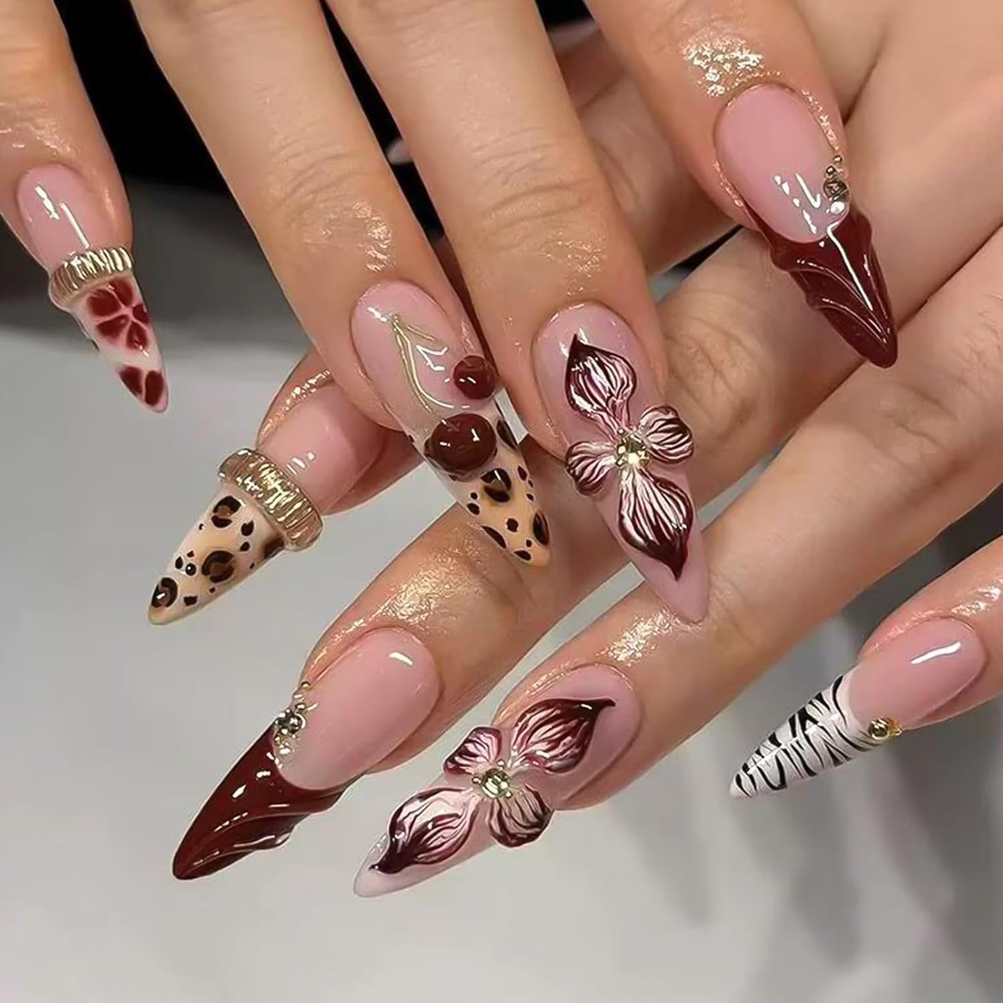 Colorful Summer Press-On Nails - Medium Almond Blue Ocean & Fish Designs | 30PCS Glossy Beach Nails for Women
