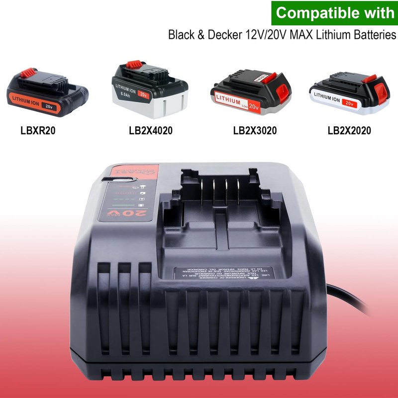 BDCAC202B 2.0A Charger Compatible with Black & Decker 12V MAX and 20V Battery LBXR20 LBXR2020 LBX4020 LBX20 LBD1520S, Compatible with Black and Decker 20V MAX Lithium Battery Charger Replacement
