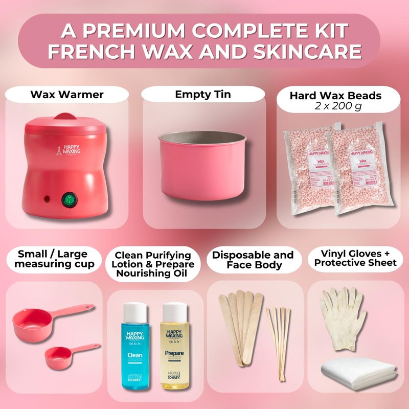 Happy Waxing Premium Home Waxing Kit by Perron Rigot - The Original Pain-Free Hard Wax - Automatic Heater, Measuring Cups & Hypoallergenic Beads for Brazilian, Face & Body - Complete Salon Set