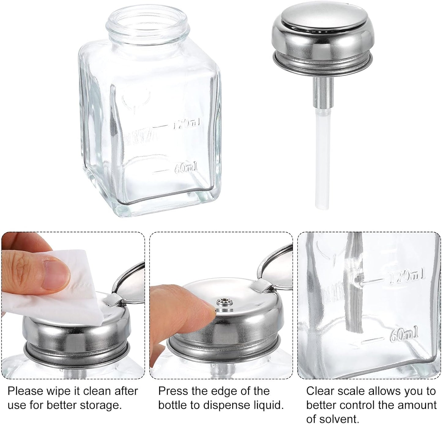 Solvent Alcohol Dispenser Pump Bottle - 120ml (4oz) Push Down with Plastic Tube & Aluminum Core for Acetone
