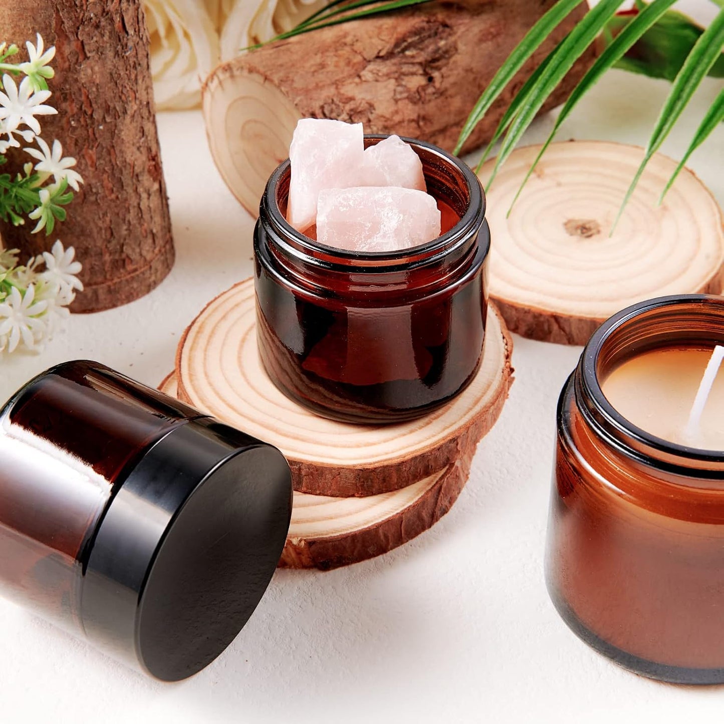 Amber Glass Jars - 24 Pack 2oz Airtight Cosmetic Containers | Round with Black Lids for Lotions & Powders