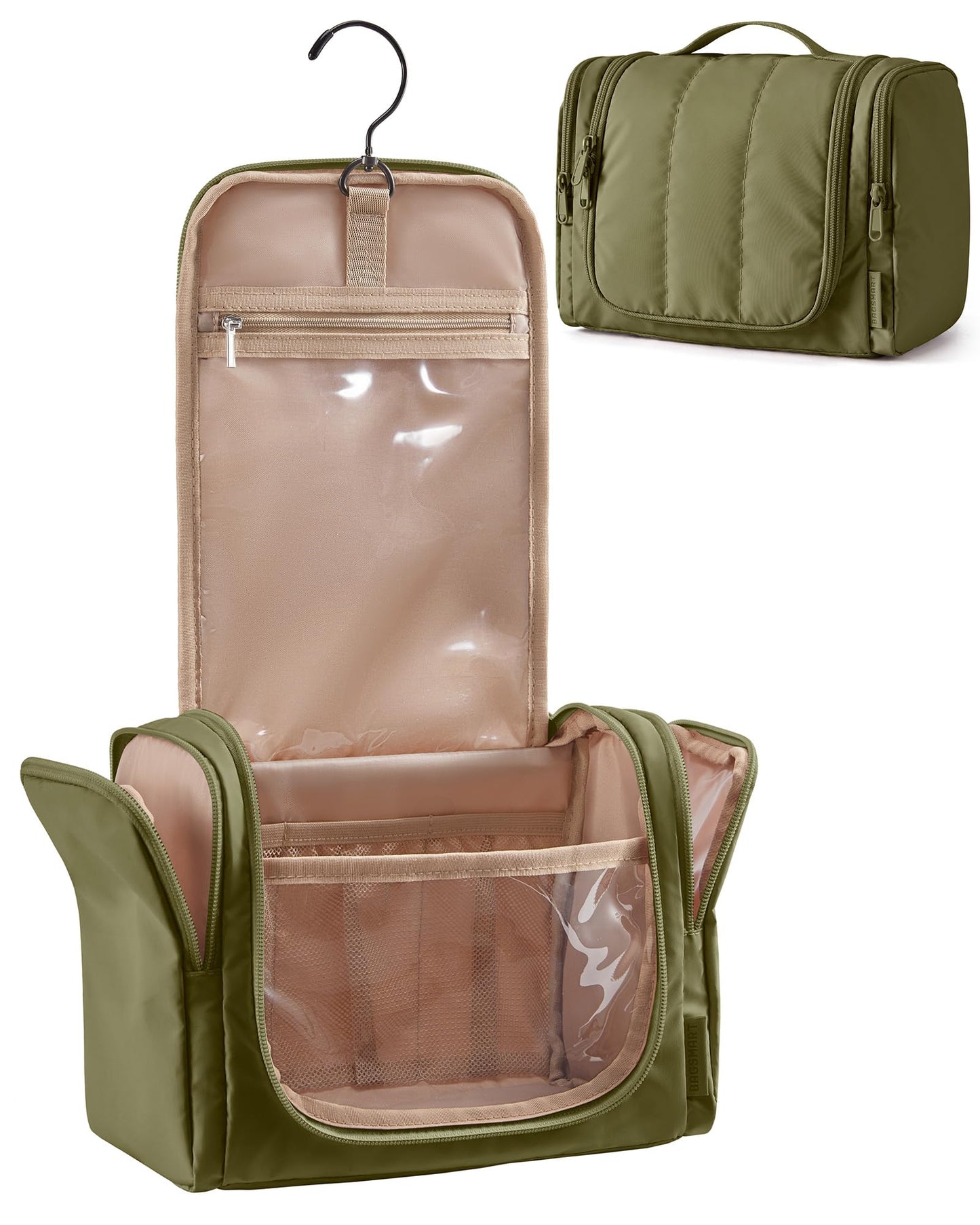 BAGSMART Travel Toiletry Bag for Women, Puffy Hanging Toiletry Bag with Hook, Water-resistant Toiletry Organizer for Full Sized Toiletries (Olive green)