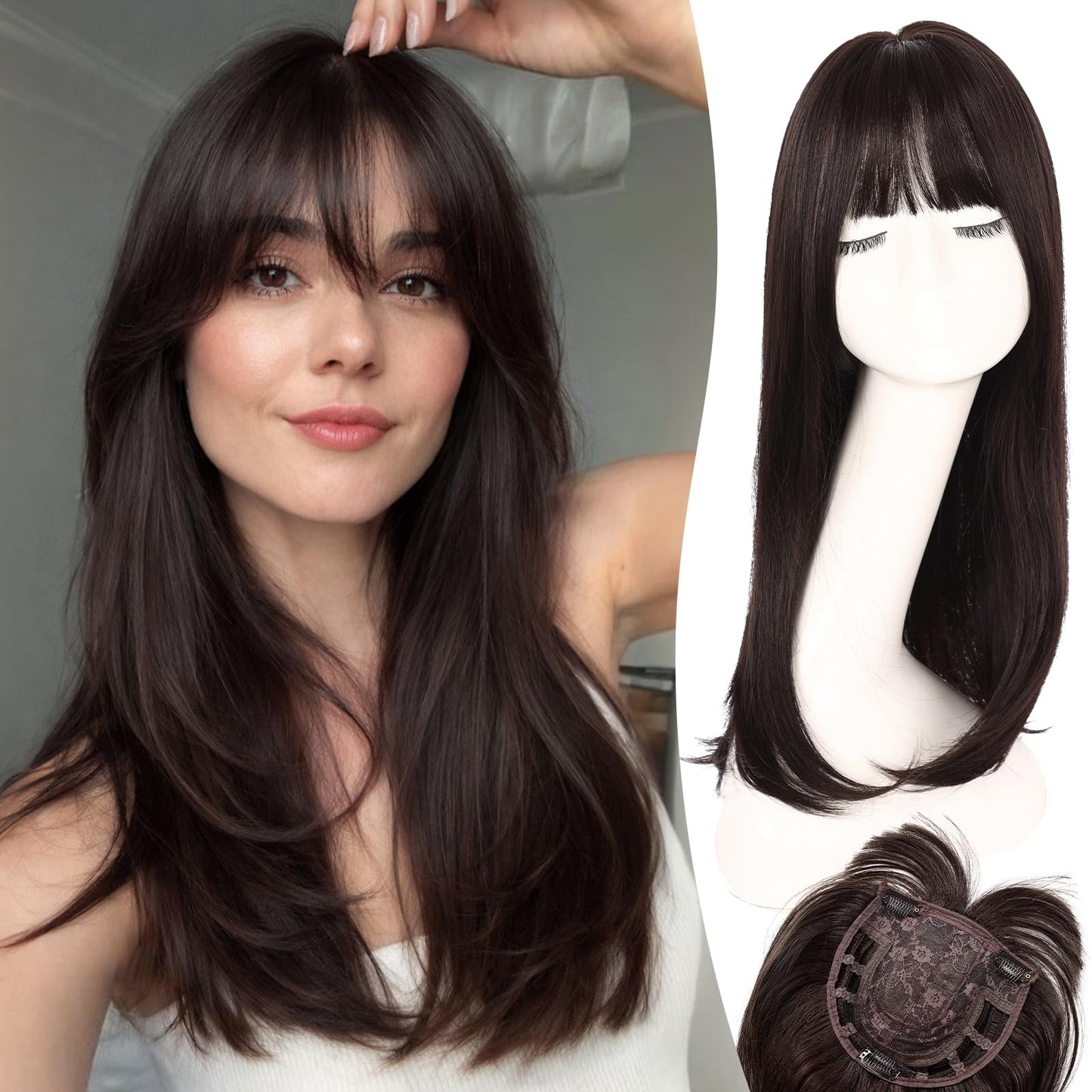 Sellomorbty Hair Topper with Bangs for Women 20 Inch Layered Synthetic, Straight Clip In Topper with Simulated Scalp and 3 Clips, Adds Volume and Gray Hair Coverage for Thinning Hair, Natural Black