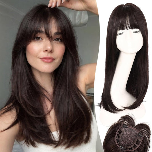 Sellomorbty Hair Topper with Bangs for Women 20 Inch Layered Synthetic, Straight Clip In Topper with Simulated Scalp and 3 Clips, Adds Volume and Gray Hair Coverage for Thinning Hair, Natural Black