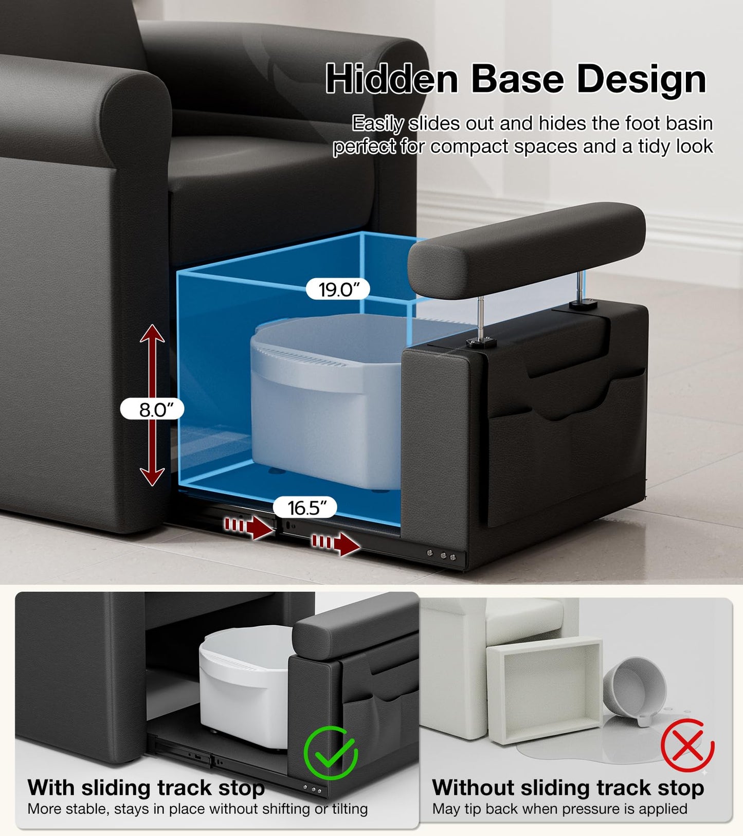 VARONXE Pedicure Chair No Plumbing, Professional Reclining Pedicure Station for Nail Tech, Foot Spa Unit w/Adjustable Footrest & Headrest, Pull-Out Base for Small Space, Black