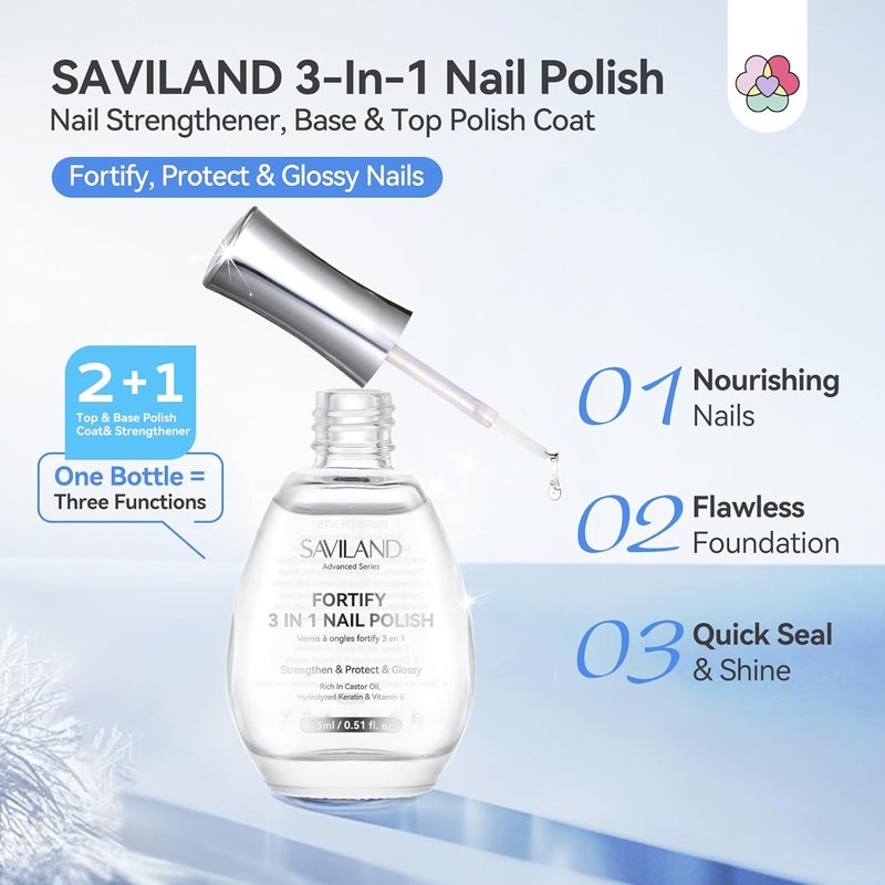 SAVILAND 3-in-1 Nail Strengthener | Quick-Dry Base & Top Coat - 15ml Clear Polish for Damaged Nails