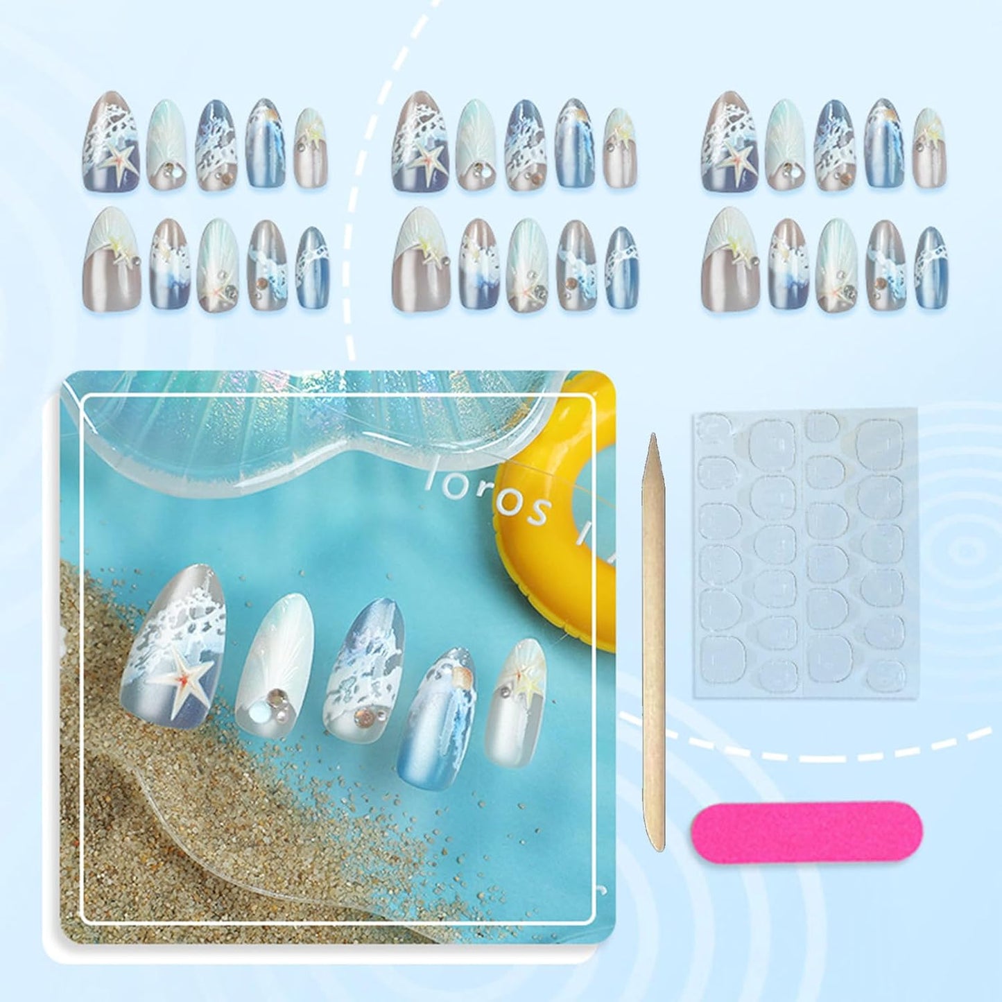 Almond Medium Press-On Nails - 30Pcs Blue Sea French Acrylic Set | 3D Cat Eye Design for Women