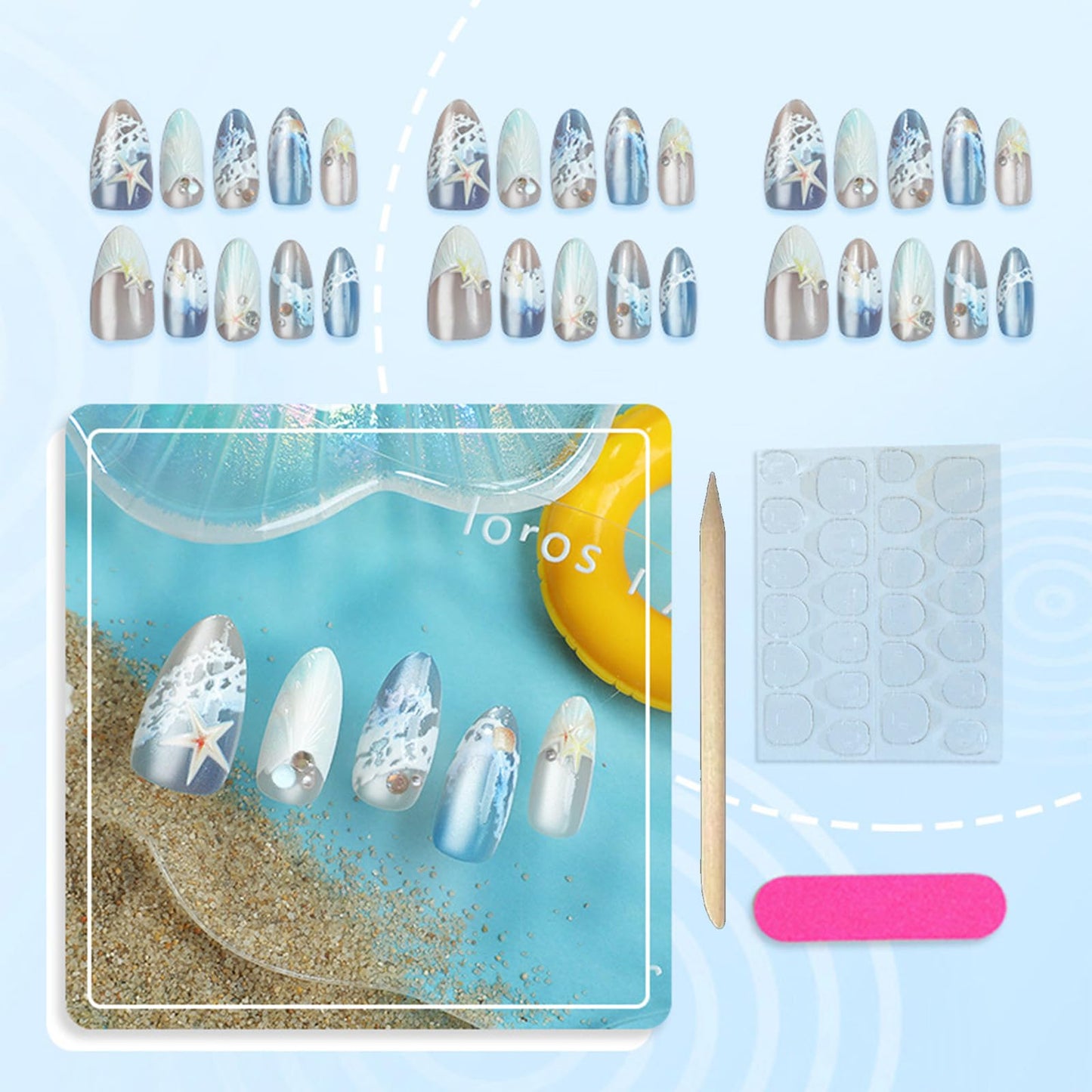 30Pcs Summer Beach Press on Nails Almond Medium Fake Nails Blue Sea French False Nails Press ons Ocean Shell Acrylic Nails with 3D Cat Eye Glue on Nail for Women Girls Manicure Deco