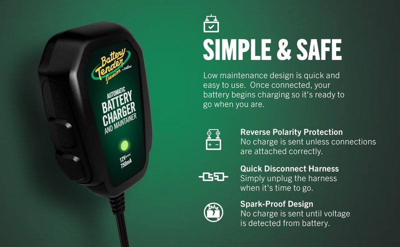Battery Tender Junior 12V, 750mA Charger and Maintainer: Automatic 12V Powersports for Motorcycle, ATVs, and More - Smarter Than a Trickle Charger - 021-0123
