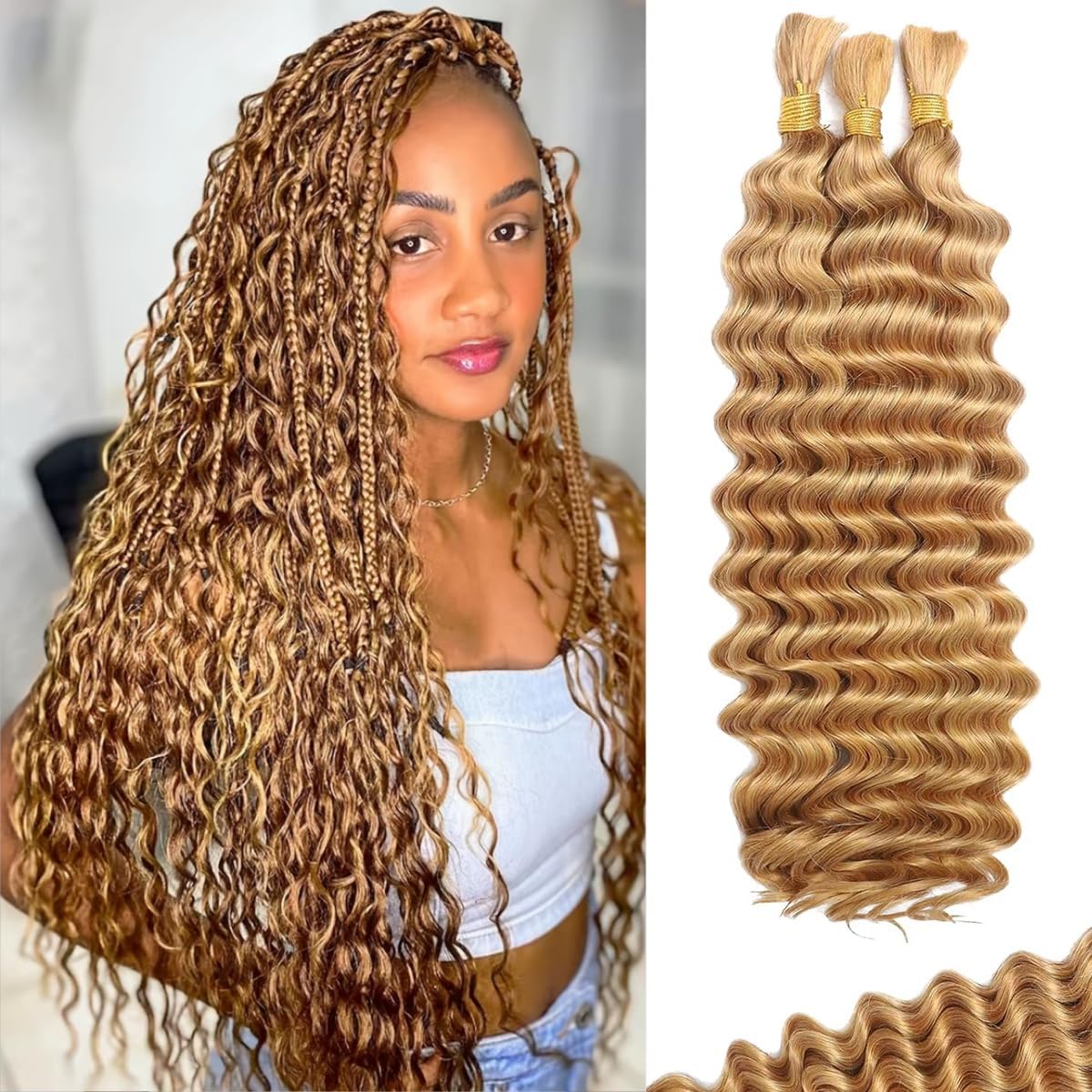 Boho Blonde Human Braiding Hair - 120g Curly Deep Wave | 14-Inch Bulk for Knotless Braids