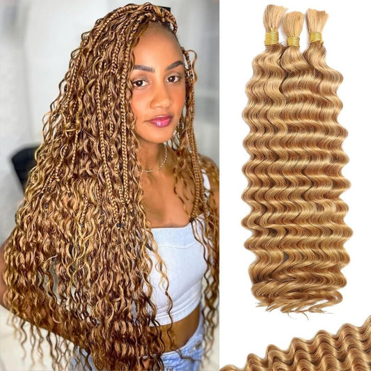 27 Blonde Boho Human Braiding Hair 120g Curly for Boho Braids Bohemian 100% Human Hair for Braiding Wet and Wave Deep Wave Bulk Human Hair for Boho Knotless Braids No Weft 3 Bundles 16 Inch
