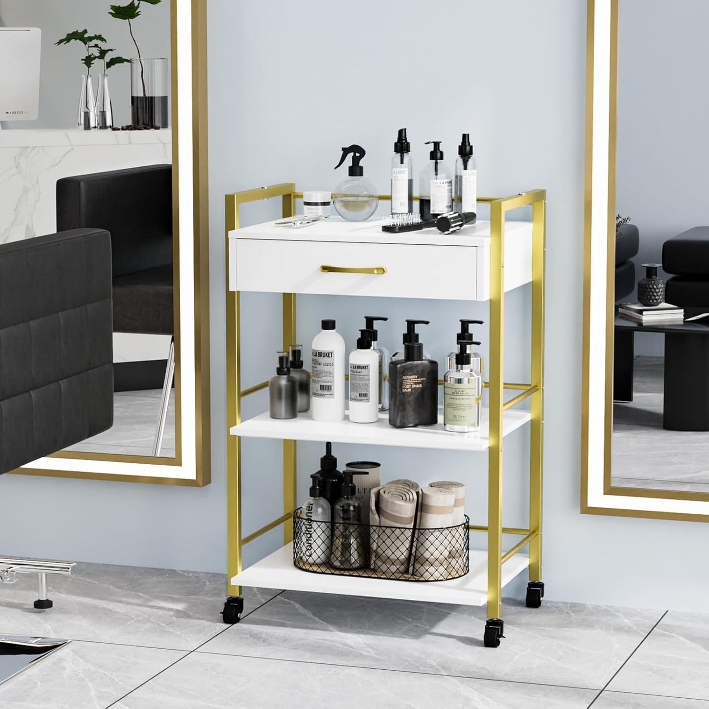 OmySalon Salon Trolley Cart - Mobile Beauty Storage Organizer with 1 Drawer & 2 Trays | White Gold
