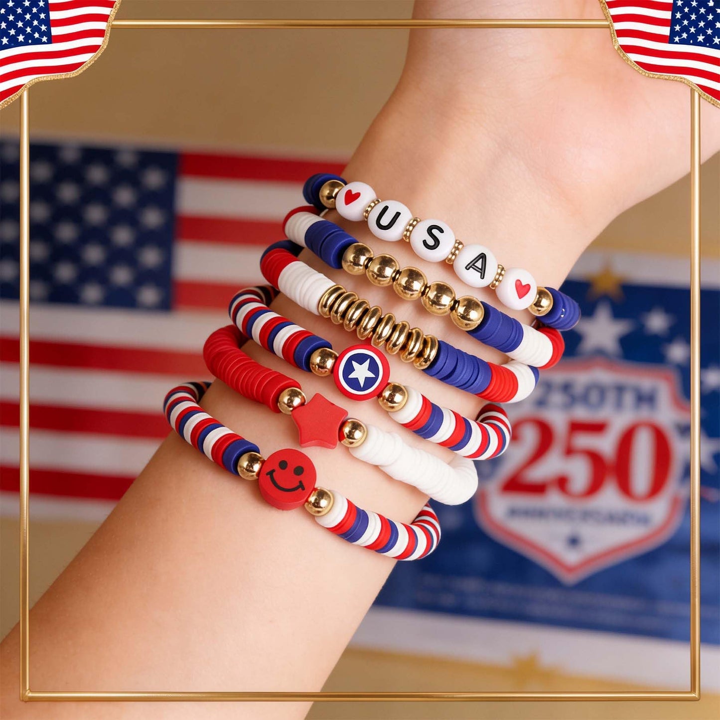 Go Ho 4th of July Outfits for Women,6PCS Beaded Stackable Stretch Bracelets,Red White and Blue Face Body Glitter,9PC Necklaces,3PC Star Glasses, Fourth of July Decorations Favors Accessories Set