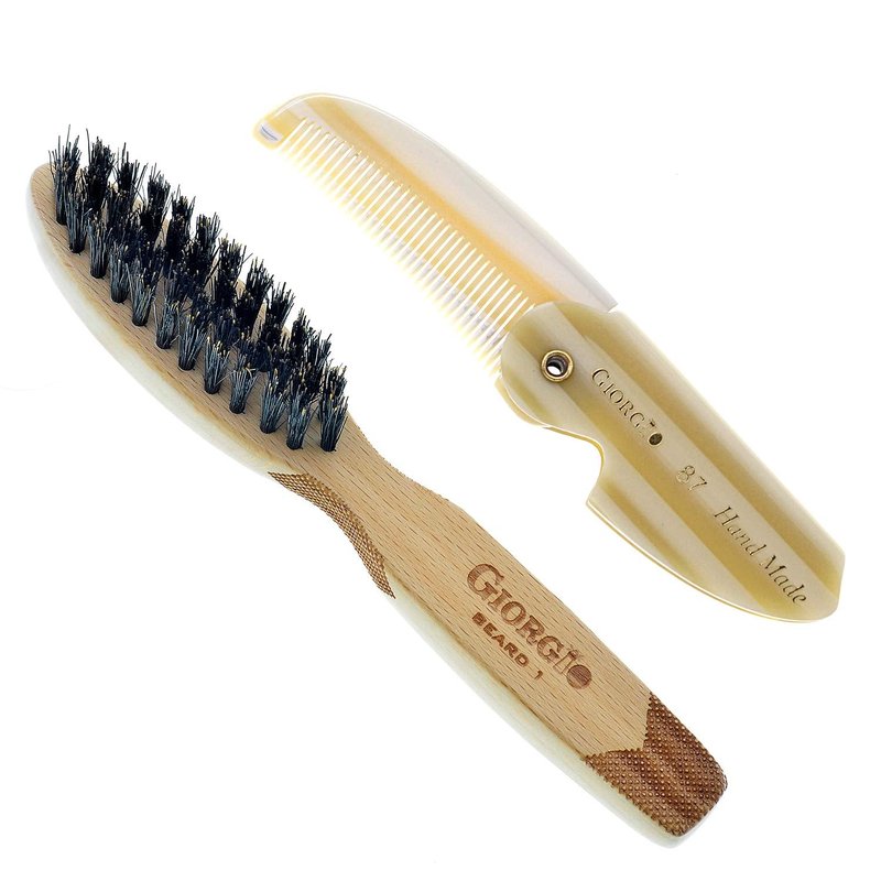 Giorgio G87IVY 2.5 Inch Men's Folding Pocket Comb Ivory - For Hair, Beard Grooming and Styling - Flexible Cellulose, Saw-cut & Hand Polished + 6 Inch Beard Brush