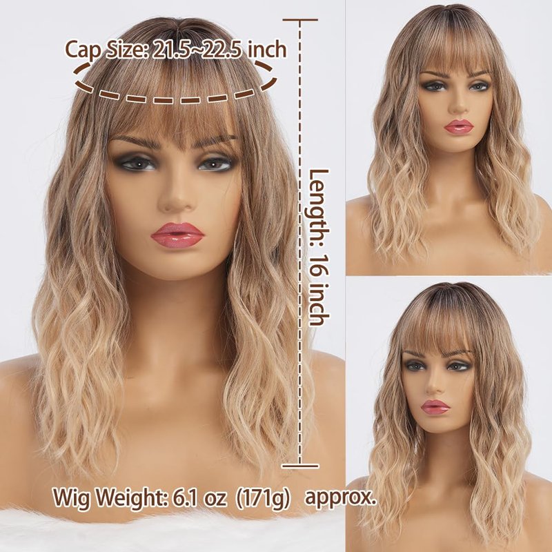 Wavy Ombre Blonde Wig with Bangs - Medium Length Synthetic Hair | Heat Resistant for Daily Use (16 Inch)