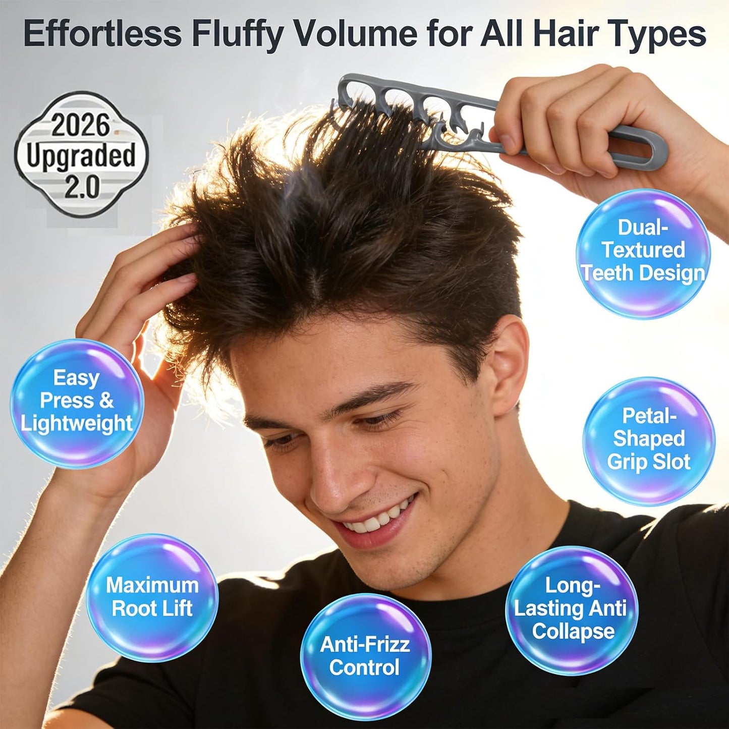 Volumizing Wide-Tooth Hair Styling Comb - Dual-Purpose Root Lift Tool for Curly & Straight Hair | Anti-Frizz, Non-Slip Grip, Grey