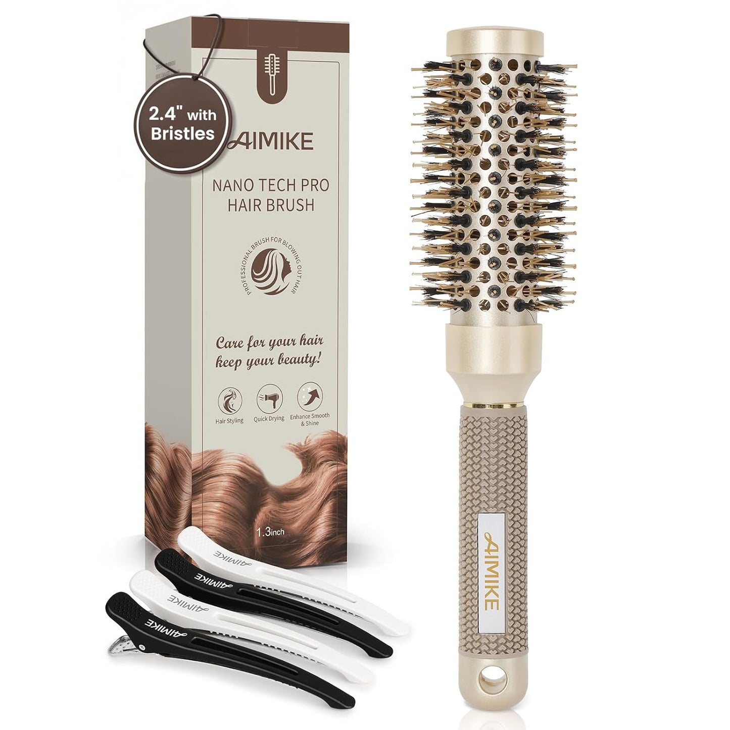 AIMIKE Round Brush for Blow Drying & Styling - Nano Thermal Ceramic & Ionic Tech, 2.4 Inch Barrel with Boar Bristles