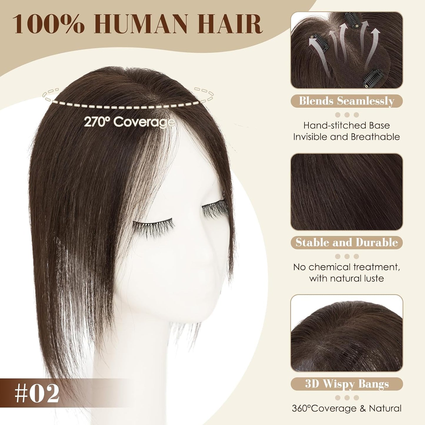 Dark Brown Human Hair Toppers for Women - 360° 3D Clip-In Short Hairpieces | 12 Inch