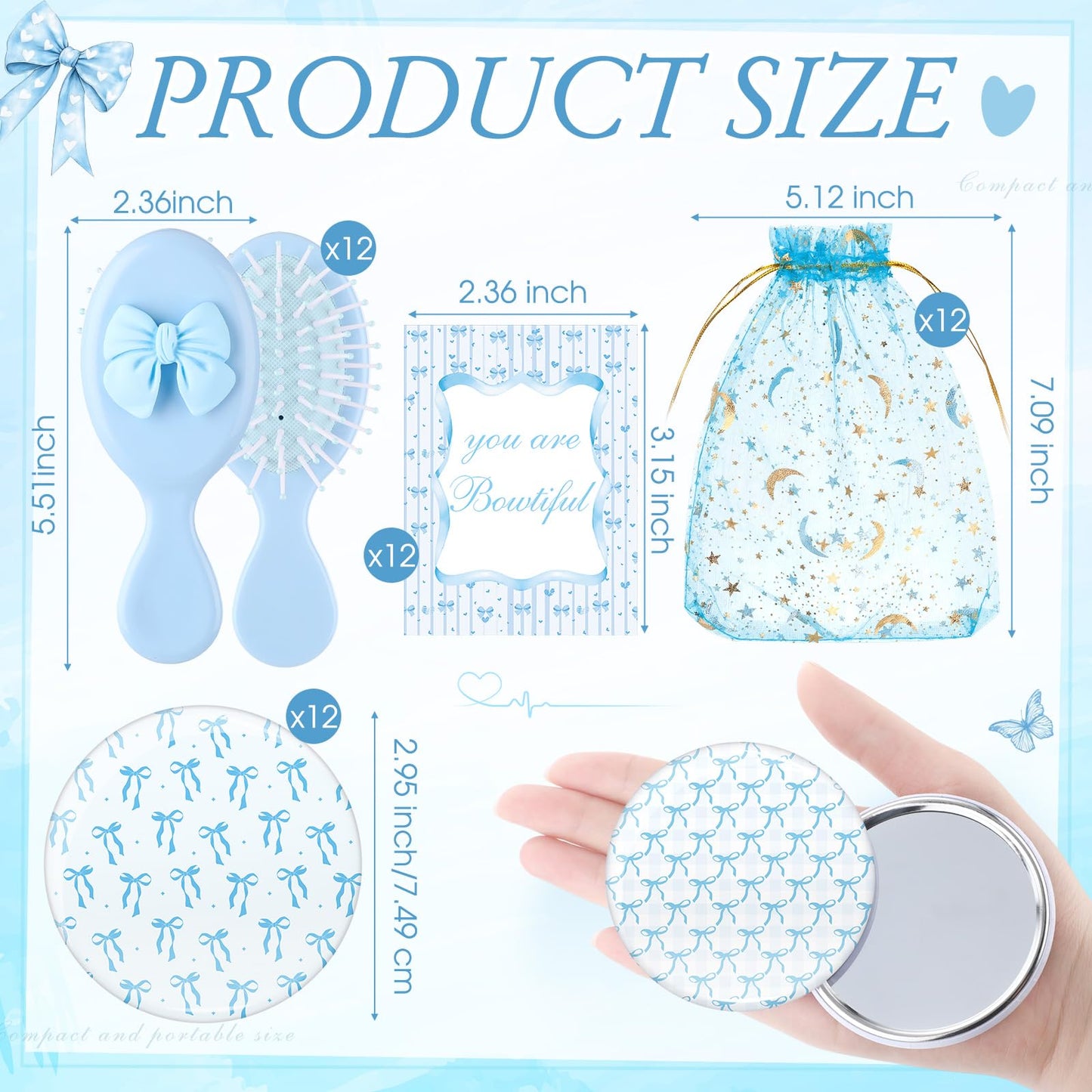Ferrochef 48 Pcs Bow Themed Party Favors Gifts Bownot Mini Hair Brush Comb Bow Compact Mirror with Inspirational Cards Gift for Girls Princess Coquette Baby Shower Birthday Party