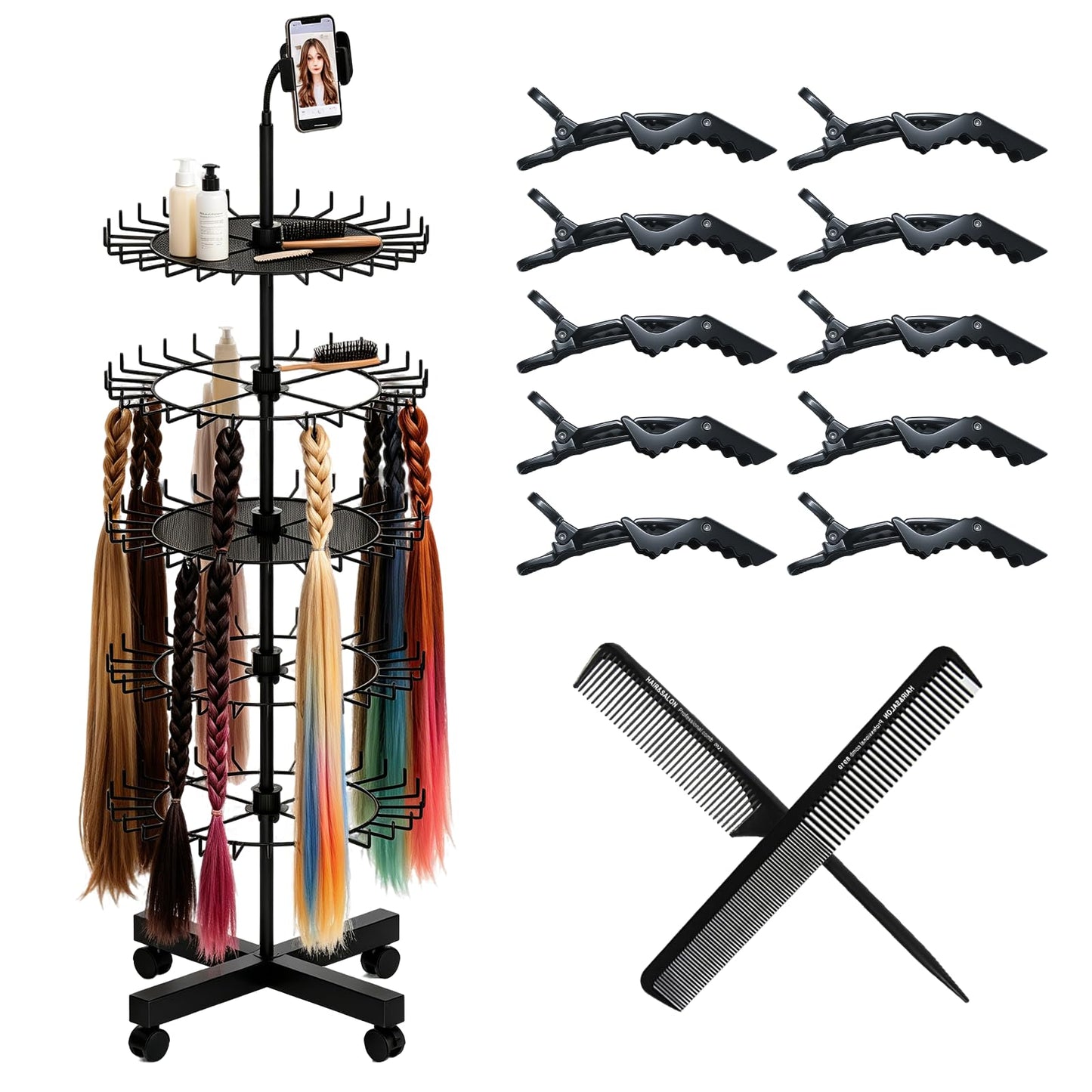 FOOGWEE Braiding Hair Rack Divider Stand with 140 Pegs,Adjustable Rotation Wheels & Phone Holder - Accessories (Combs, Clips) for Braiders,Salon or Home Use (Black)