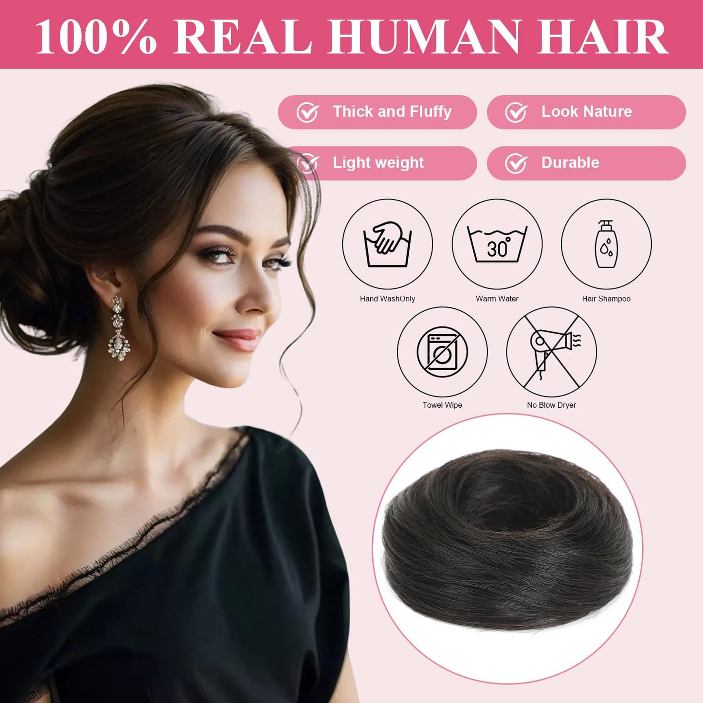 Messy Bun Hair Piece - 100% Human Hair Fluffy Donut Updo Extensions | 2Pcs Natural Black