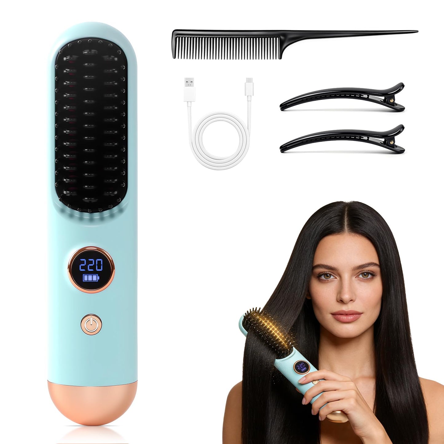 2026 Hair Straightener Brush, Cordless Hair Straightener Brush for Short Hair, Mini Portable Cordless Travel Straightening Hair Comb Brush with 9 Temps Fast Heating for Women (Blue)