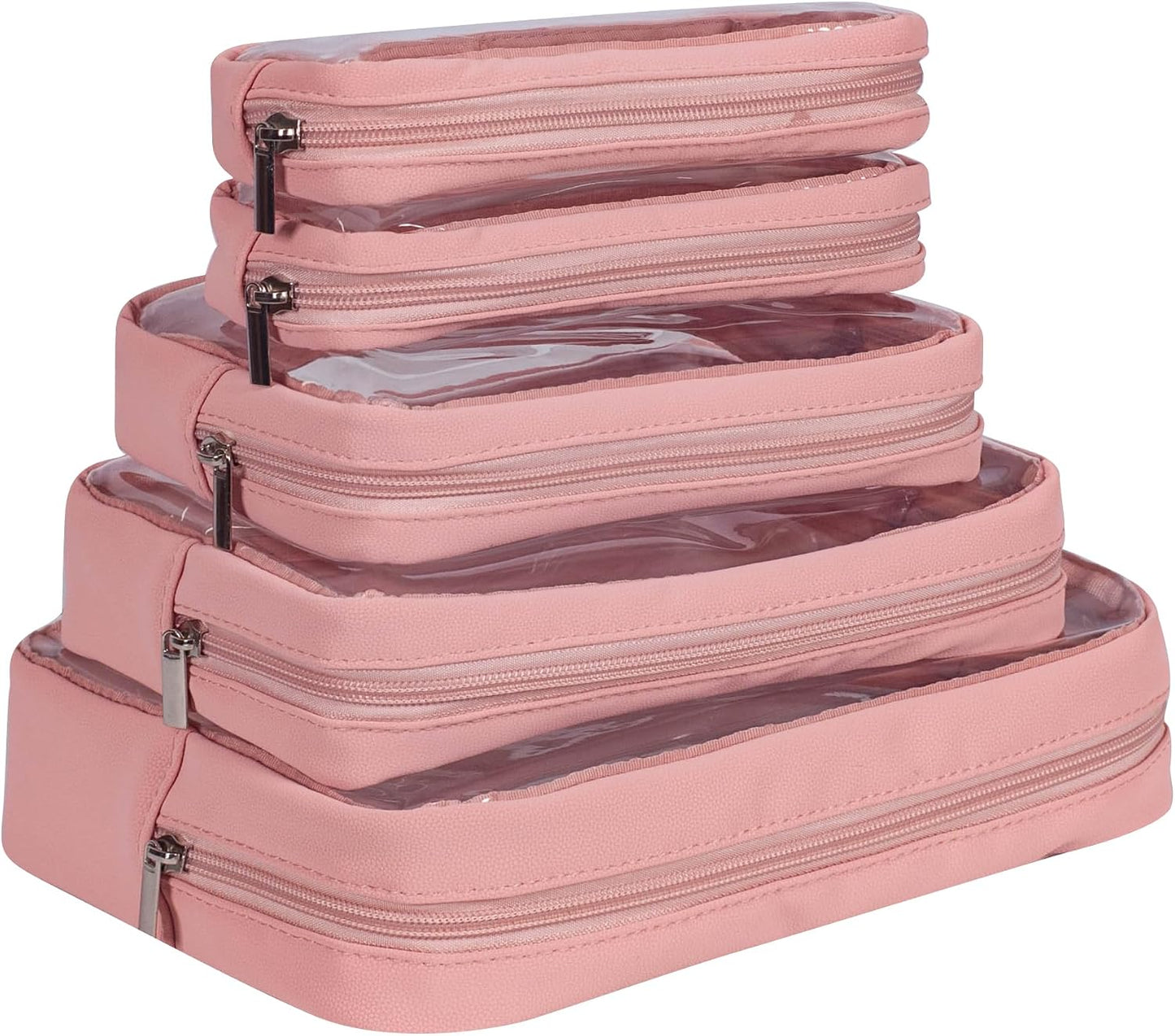 TSA Approved 5-Piece Diaper Bag Organizer Set - Clear Waterproof TPU Travel Packing Cubes for Baby (Pink Leather)
