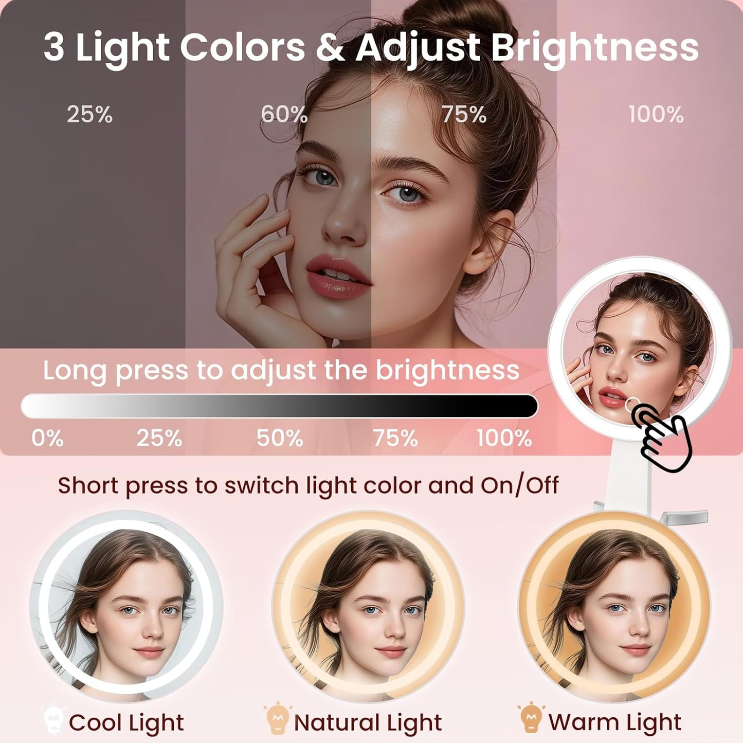 Makeup Mirror with Lights - Double-Sided 10X Magnification | Portable Rechargeable 3-in-1 Design