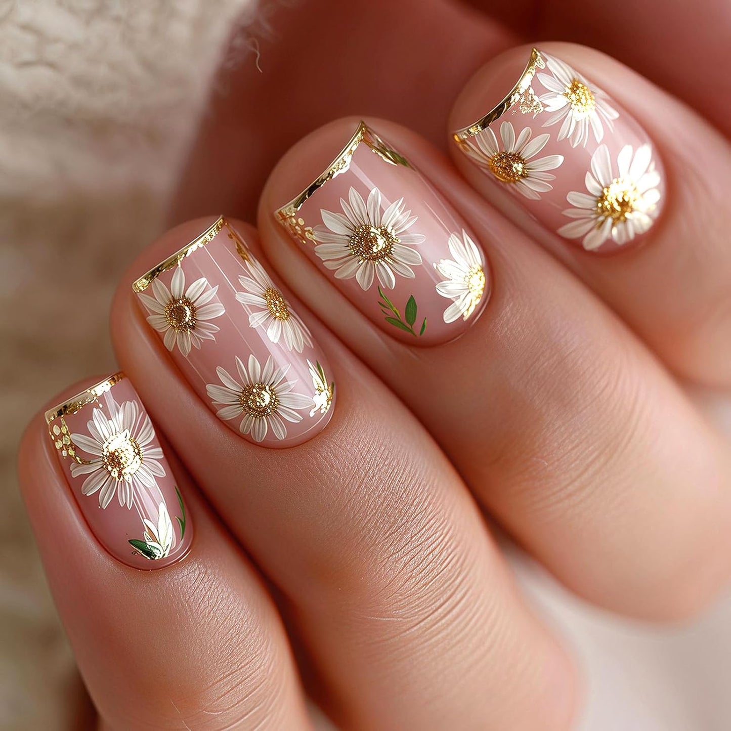 3D Flower Press On Nails | 24 Pcs Short Square Fake Nails with Blue Daisy Designs for Spring & Summer Manicure