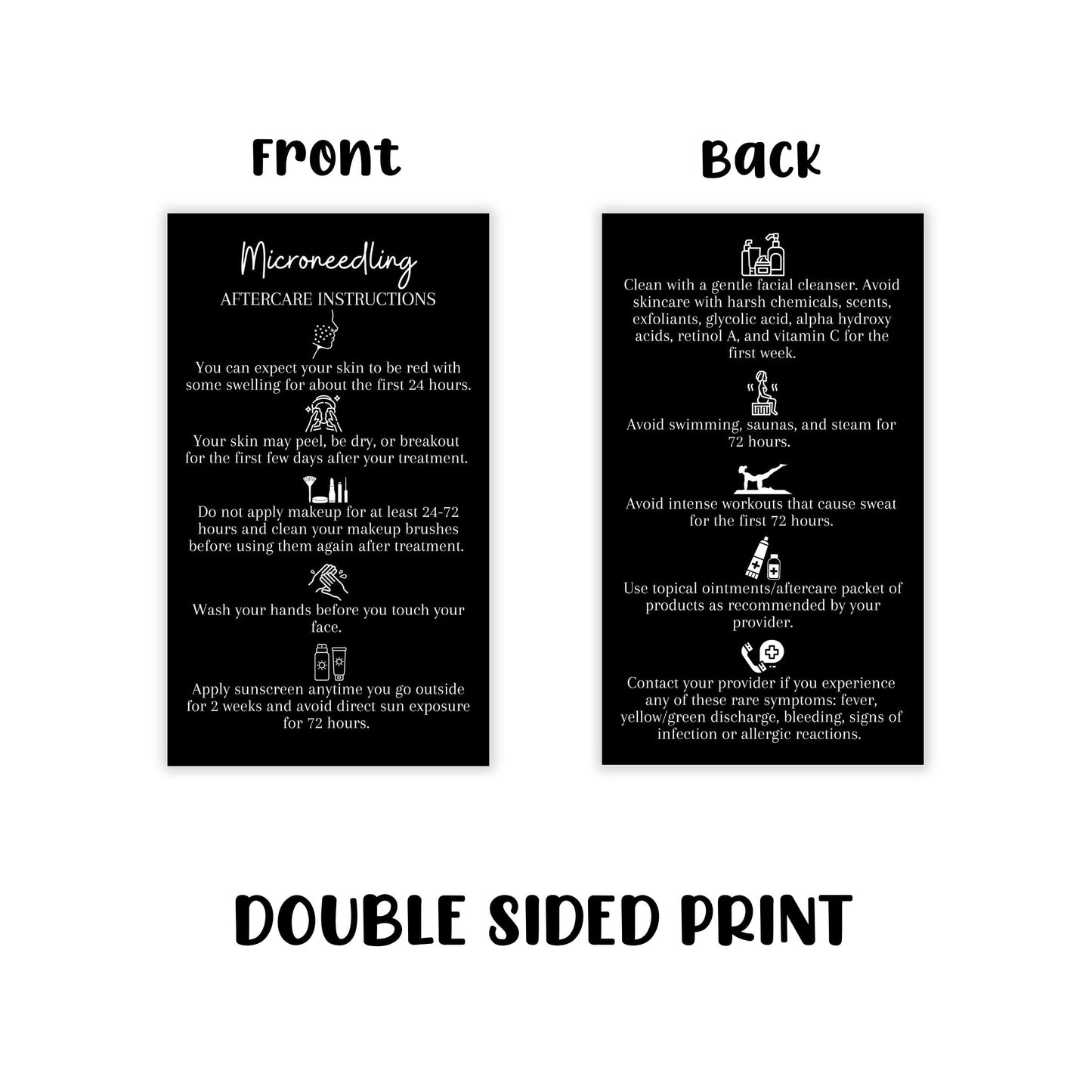 Boutique Marketing LLC Microneedling Aftercare Cards | 50 Pack | Size 2x3.5” inches Business Card Size | Microneedle Black with White Font and Icons Design
