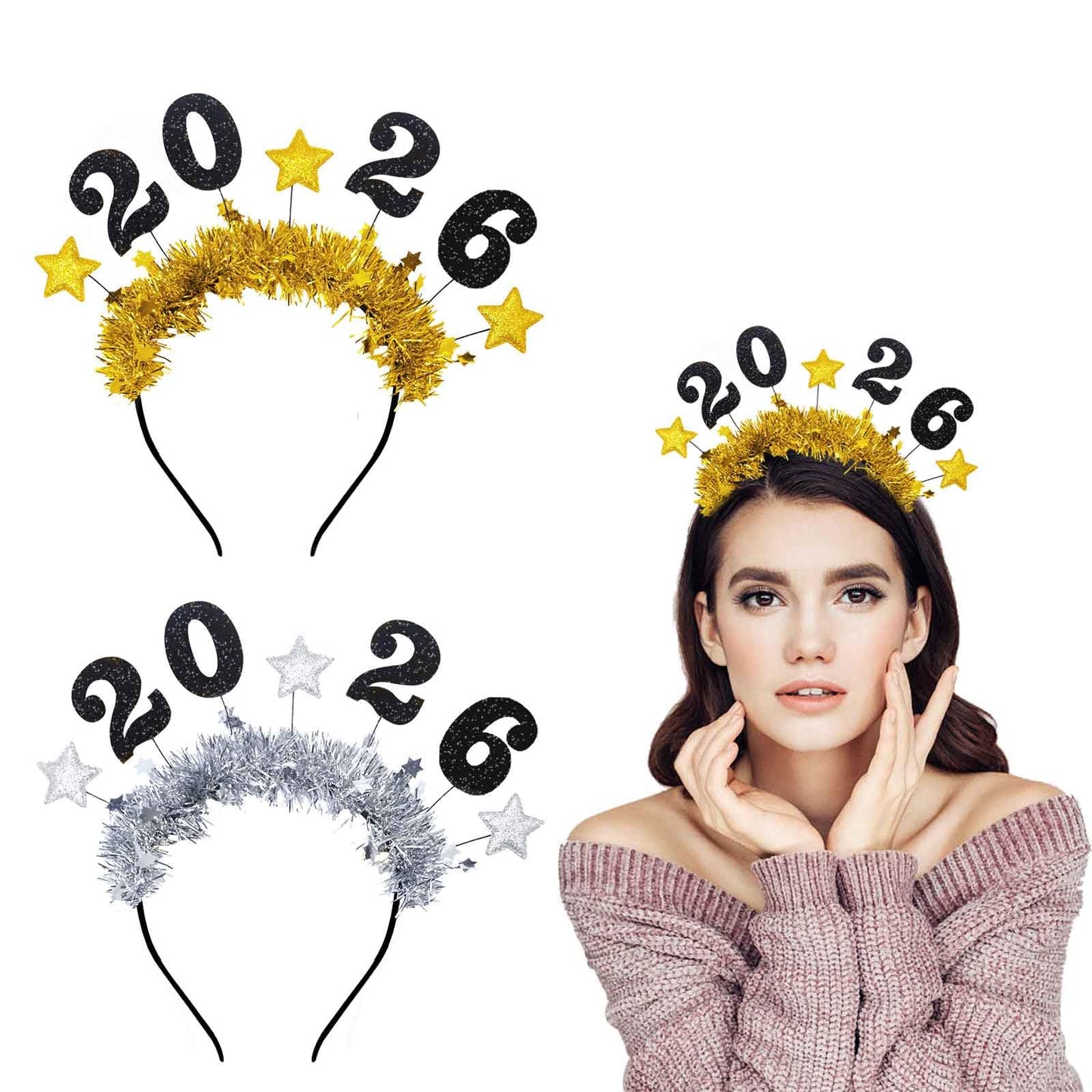 Hying 2 PCS Happy New Year Headbands Tiara for Women Man, Golden Silver Glitter Sparkles Headwear 2026 New Year Headband Hair Hoops Accessories for Christmas New Year Eve Party Supplies
