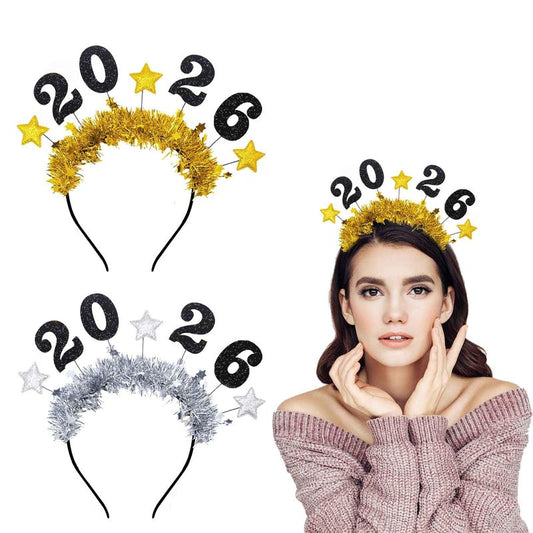 Hying 2 PCS Happy New Year Headbands Tiara for Women Man, Golden Silver Glitter Sparkles Headwear 2026 New Year Headband Hair Hoops Accessories for Christmas New Year Eve Party Supplies