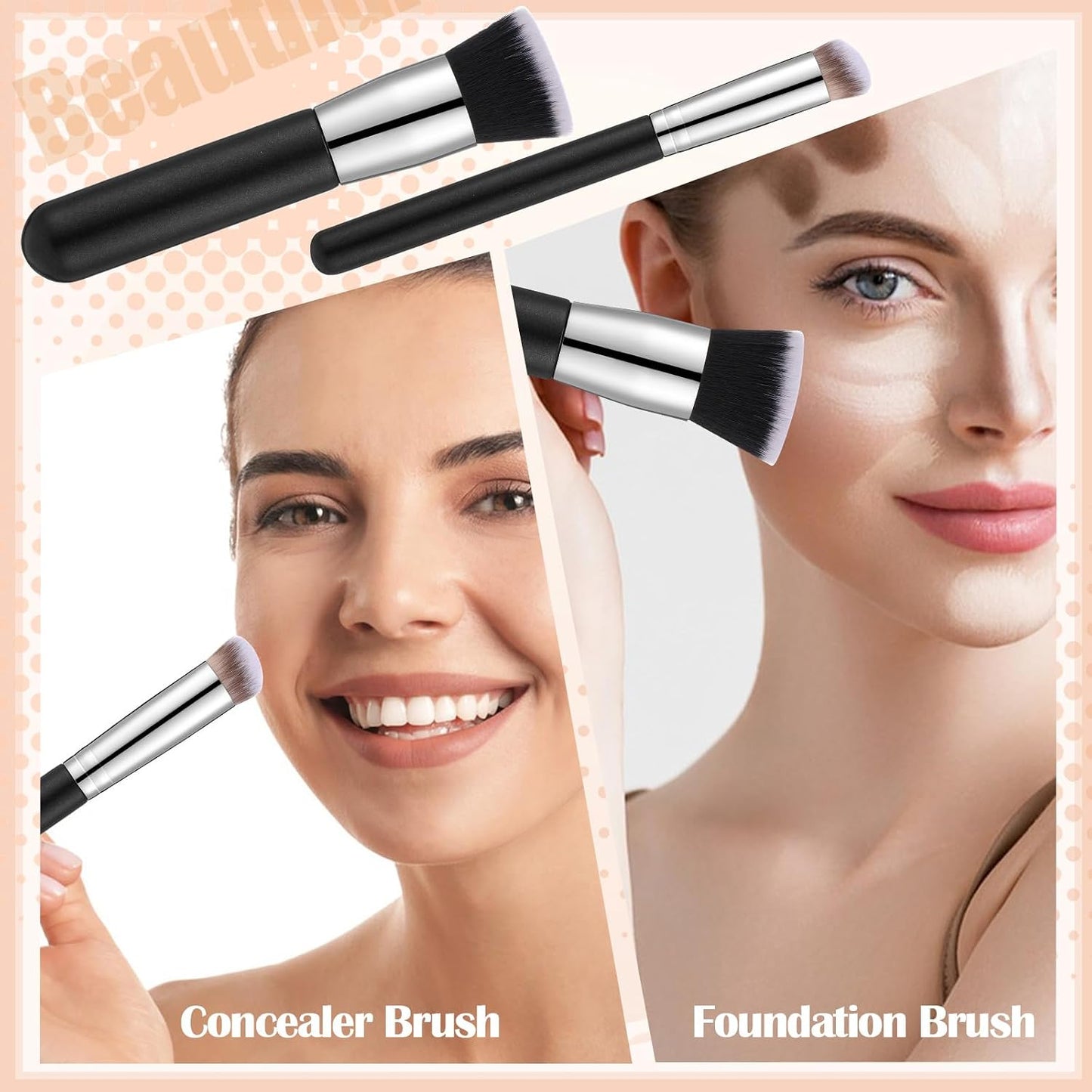 Foundation Brush Set - 6Pcs Liquid Makeup Brushes with Sponge & Powder Puff | Black