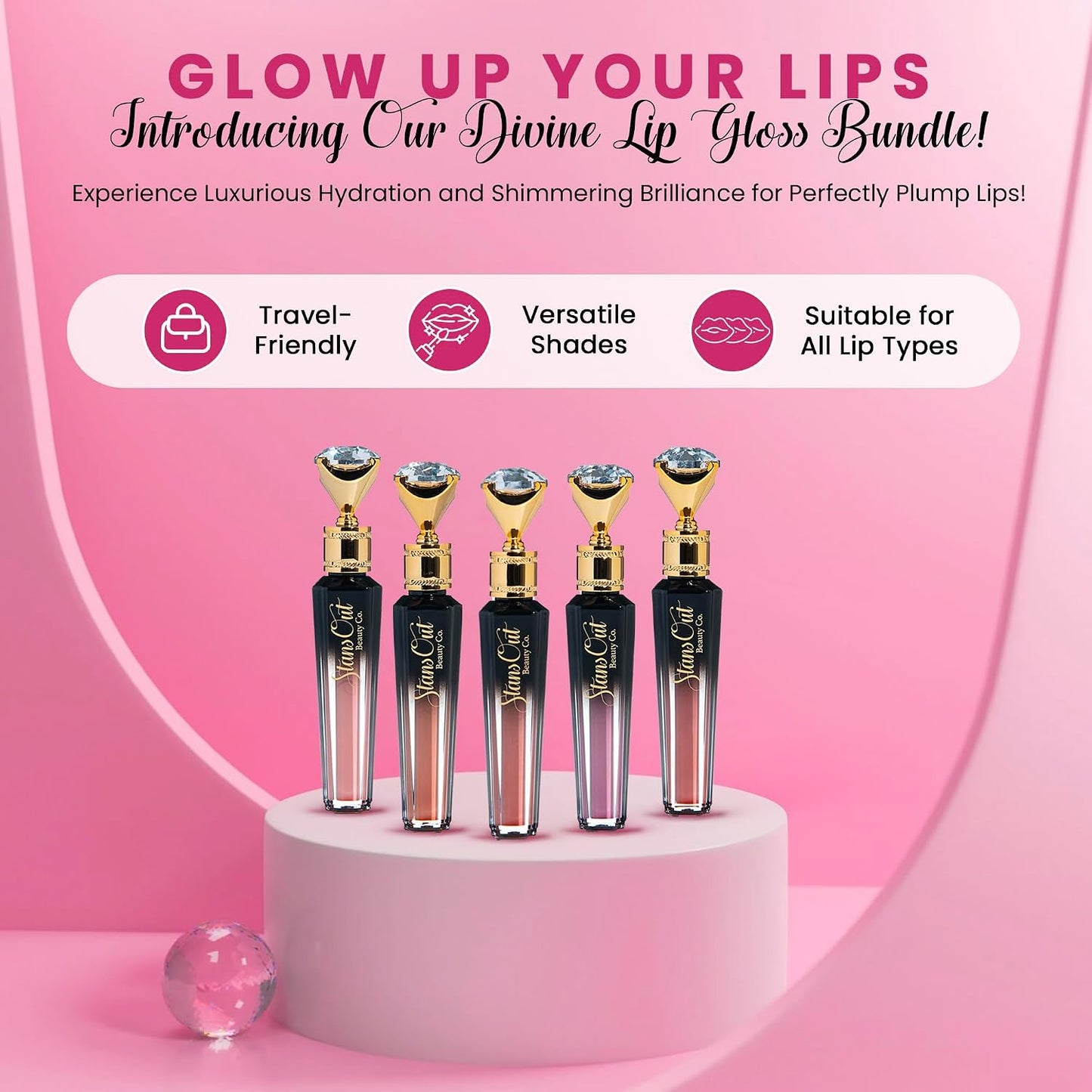 Diamond Lustre Lip Gloss Bundle - 5 Pack | Vitamin E & Argan Oil Infused, Long-Lasting Shine, Hydrating Formula